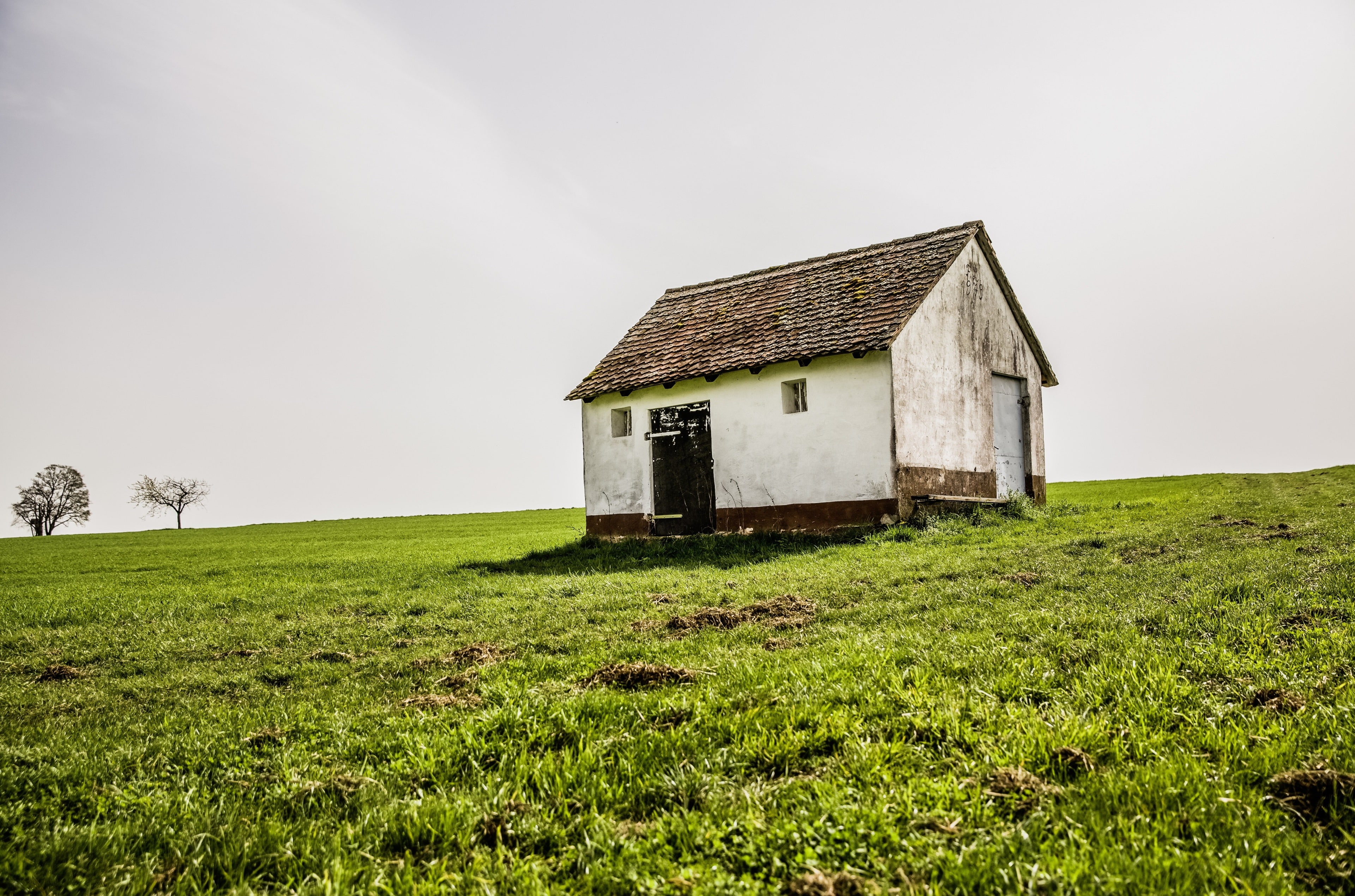 sky, green color, field, land, building, plant, farm, building exterior, outdoors, architecture, 4K, rural scene, grass, bamberg 4k   download, day, agricultural building, HD Wallpaper