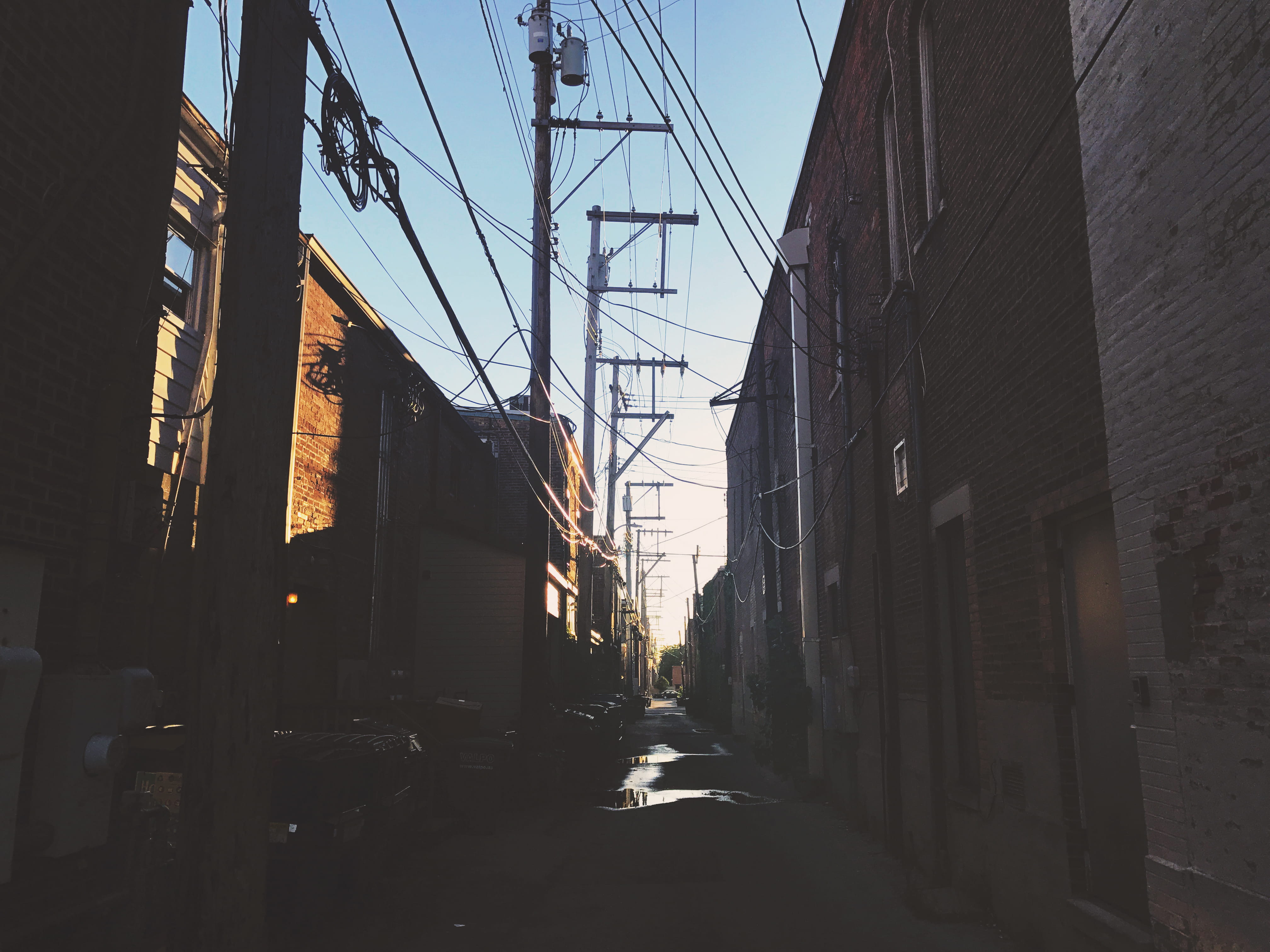 cable, city, building exterior, long, architecture, urban, water, direction, power line, puddle, 4K, the way forward, brick, sunset, day, window, street, HD Wallpaper