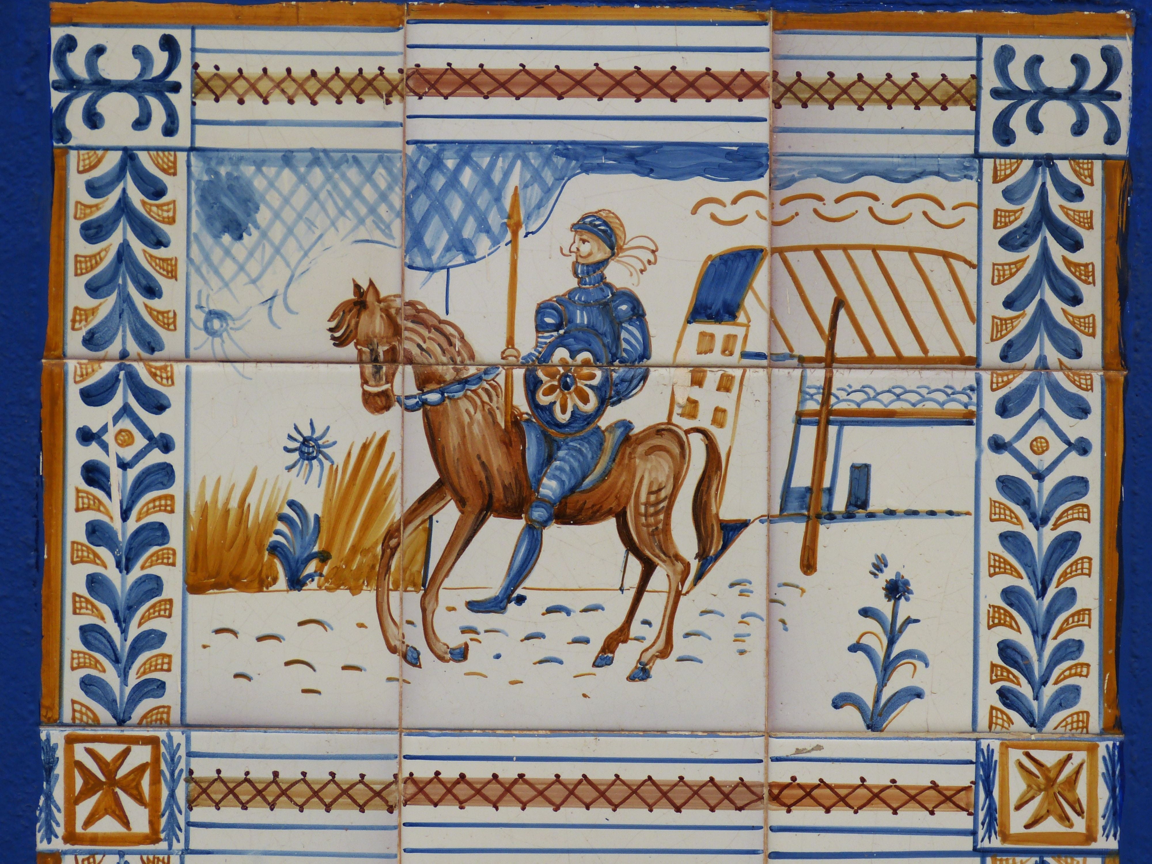 craft, middle ages, spain, cervantes, blue, no people, knight, mural, pottery, art and craft, image, azuleijo, sculpture, creativity, ornate, pattern, mammal, HD Wallpaper