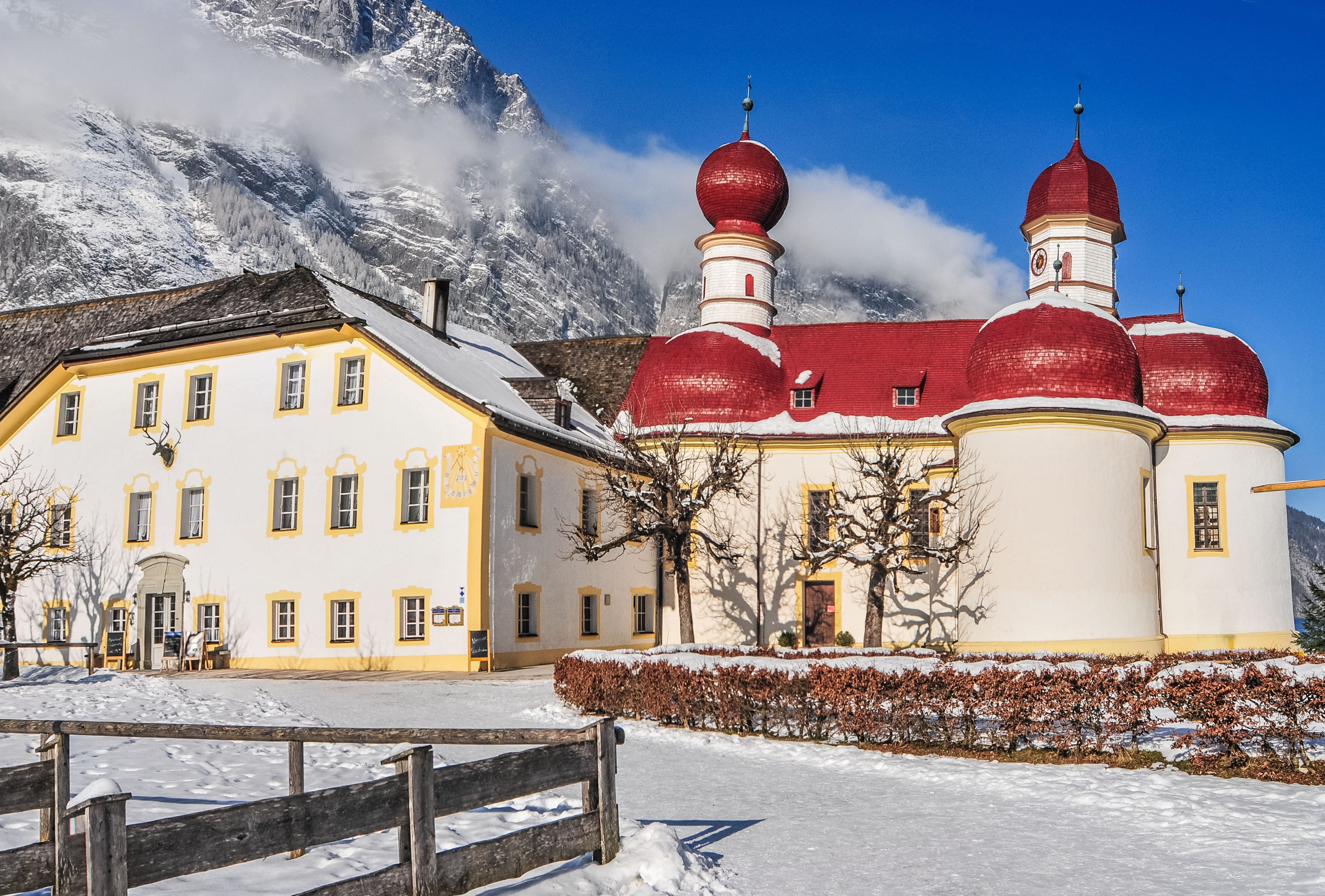nature, outdoors, bartholomä st, monastery, snowing, no people, place of worship, red, religion, day, 4K, building exterior, architecture, spirituality, HD Wallpaper
