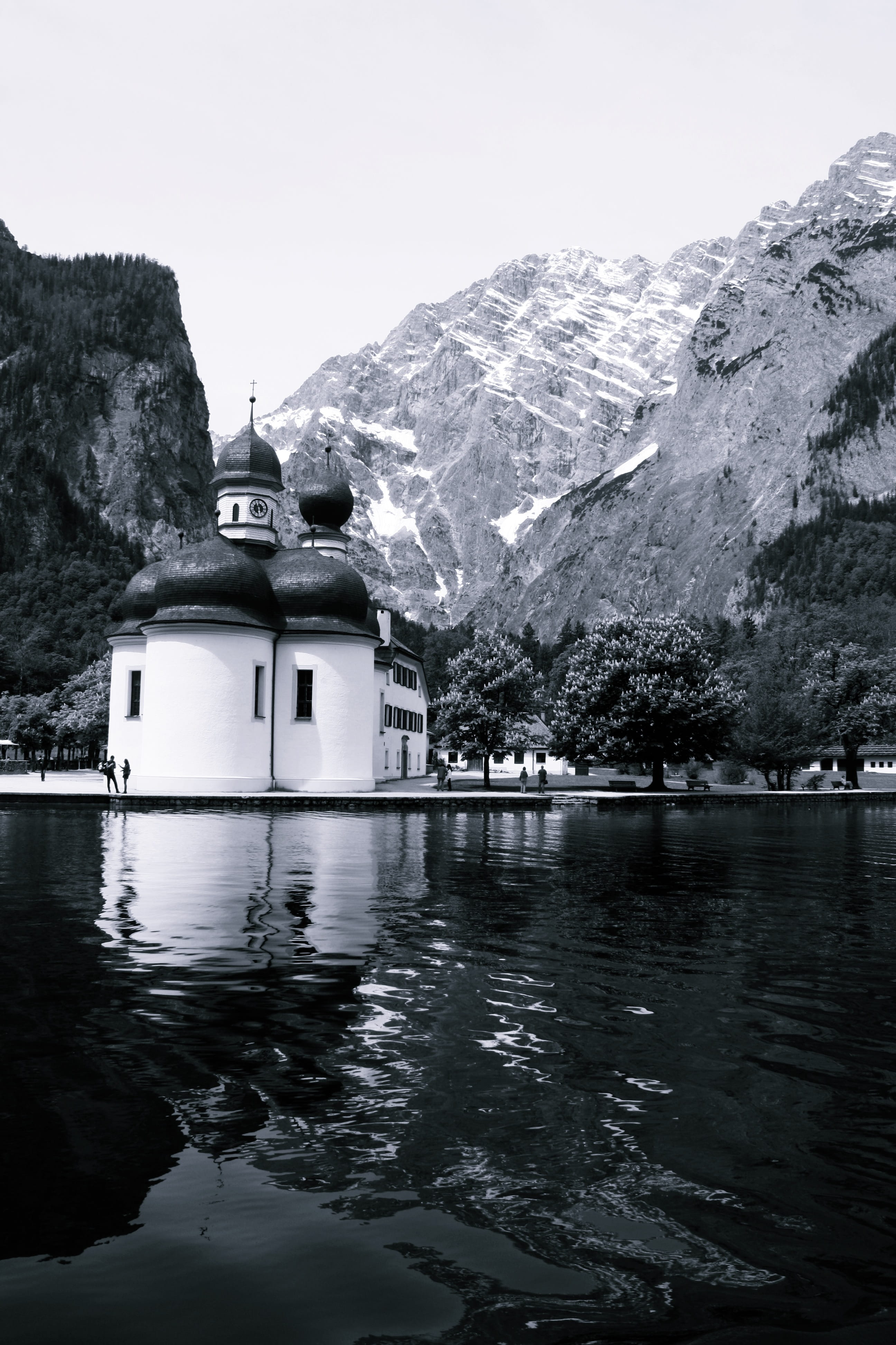 black photography, winter, building exterior, outdoors, waterfront, königssee, lake, mountain, berchtesgadener land, bartholomä, trs, building, white, place of worship, Phone HD Wallpaper