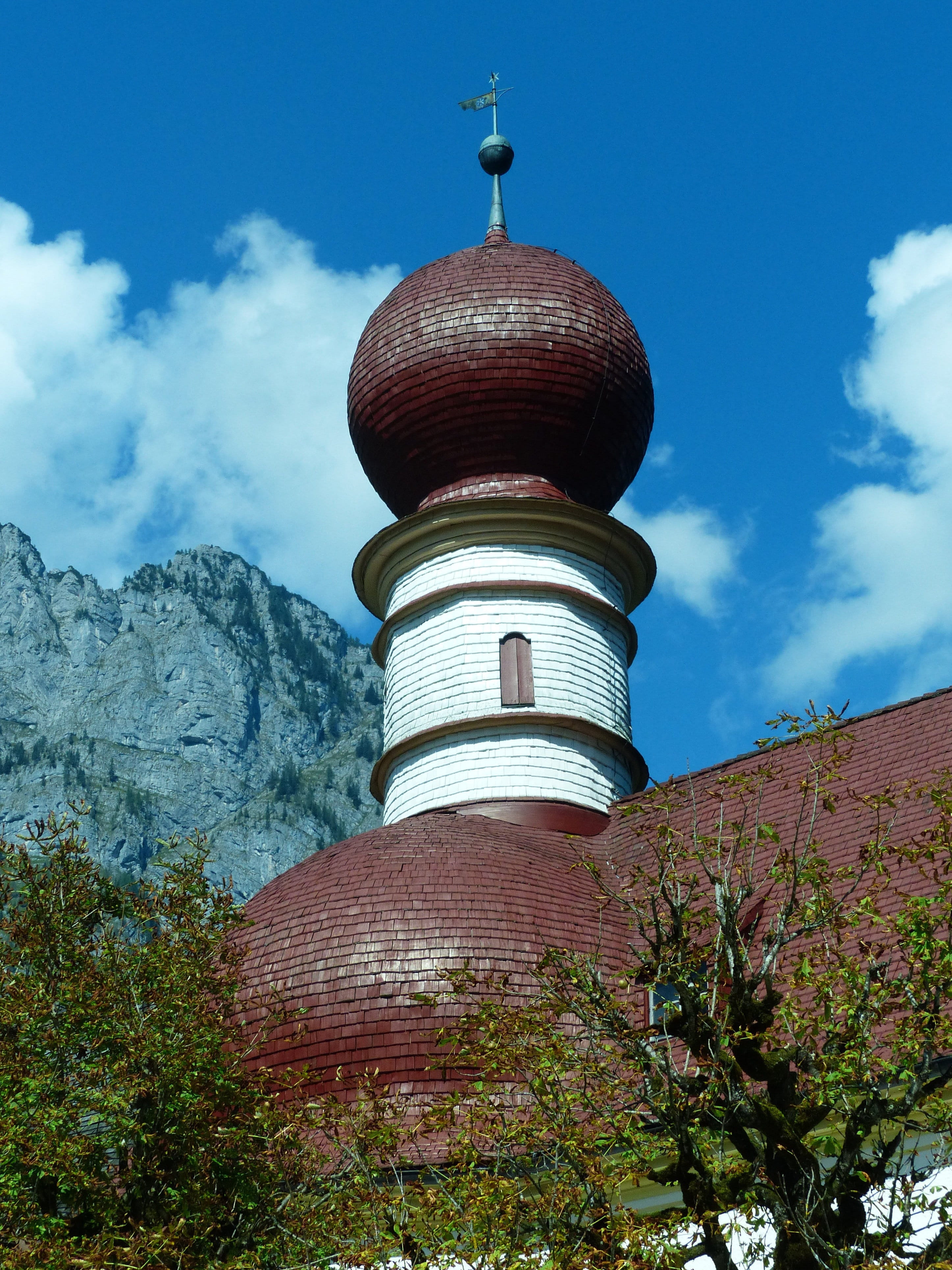 cloud - sky, excursion destination, Bartholomä, tower, outdoors, tree, built structure, plant, 4K, upper bavaria, no people, berchtesgadener land, national park, Phone HD Wallpaper