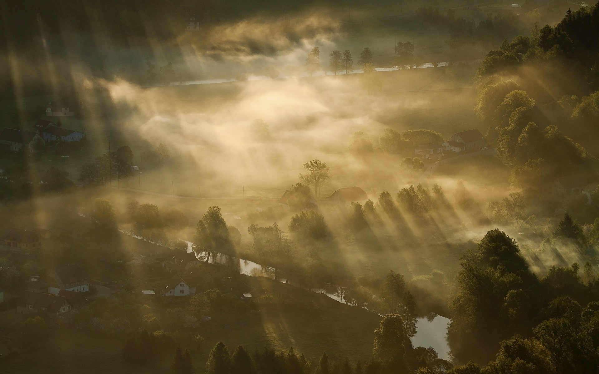plant, villages, sky, beauty in nature, sunlight, river, landscape, environment, scenics - nature, tranquility, fog, cloud - sky, trees, aerial view, mist, HD Wallpaper