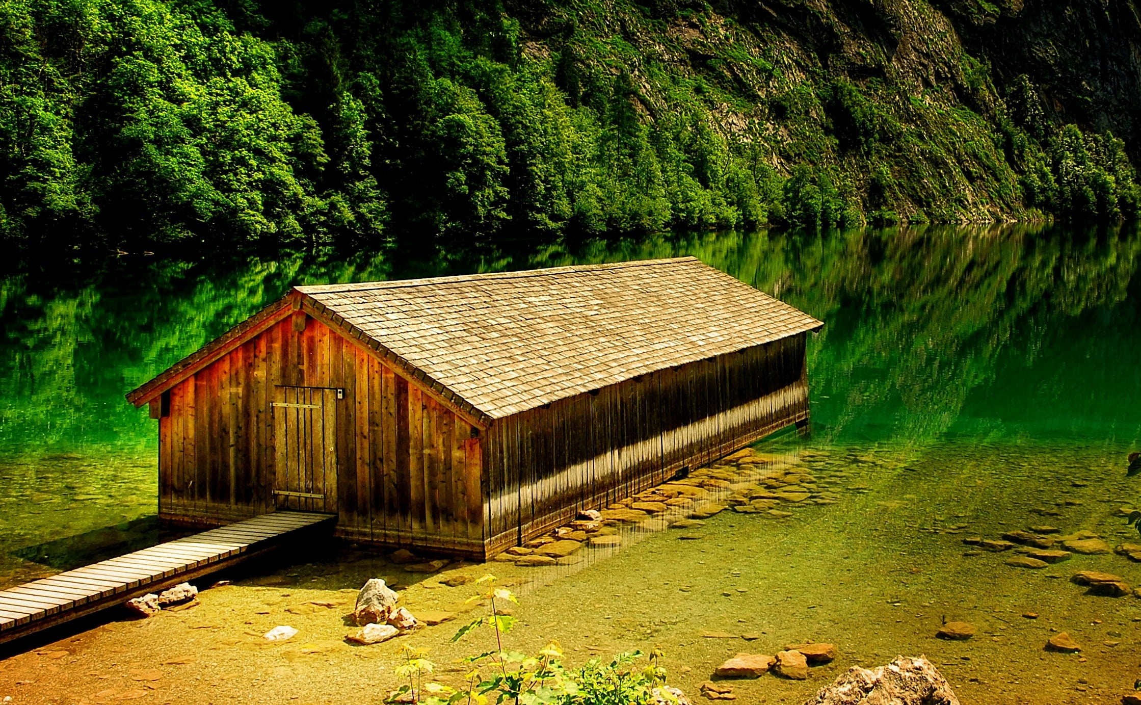 sunshine, green, boathouse, land, mood, holiday, 1080P, holidays, forest, landscape, bergsee, growth, non-urban scene, bavaria, romantic, view, leisure, HD Wallpaper