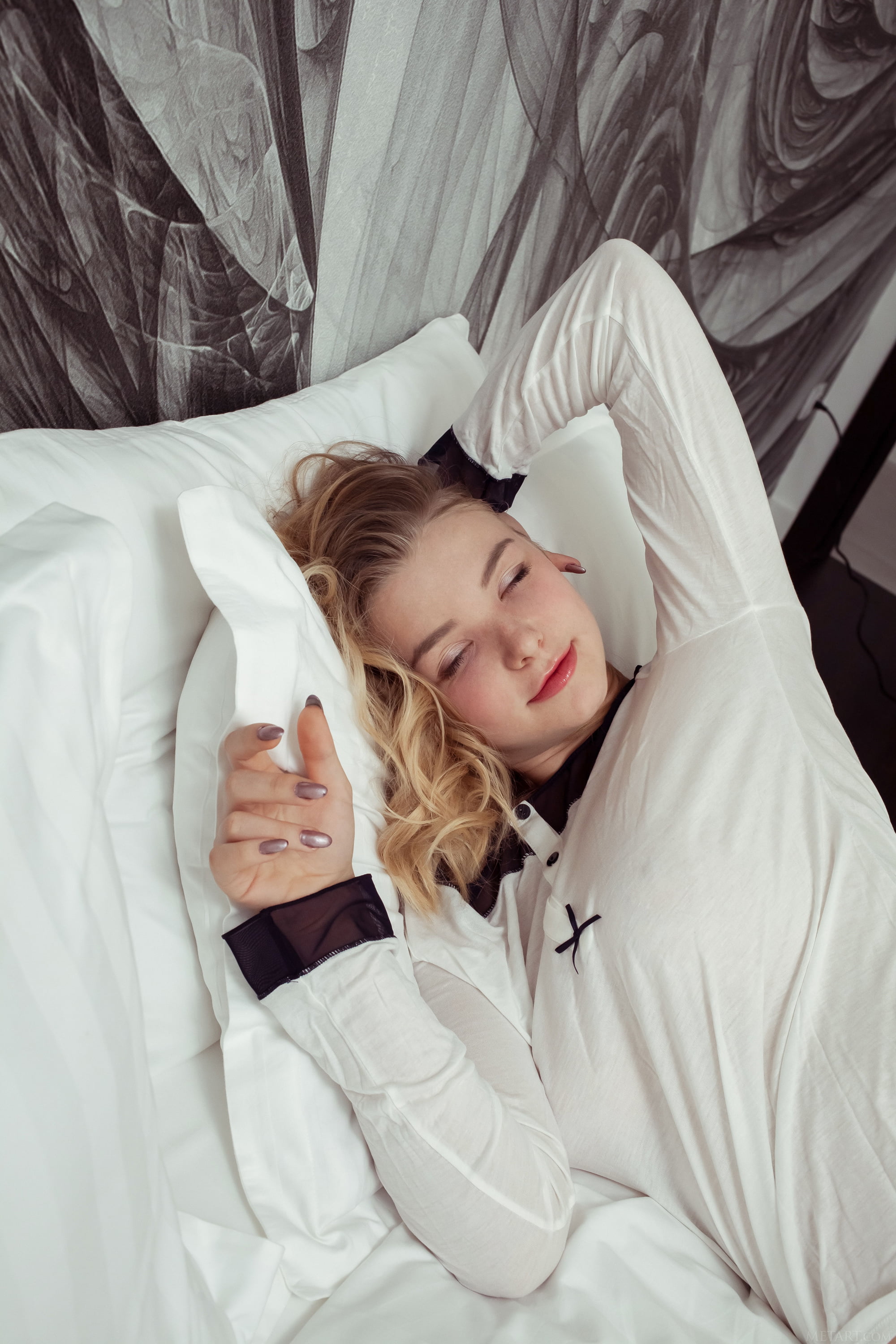 women indoors, closed eyes, women, teen, model, belarusian, Daniel Sea, in bed, painted nails, 2K, Phone HD Wallpaper