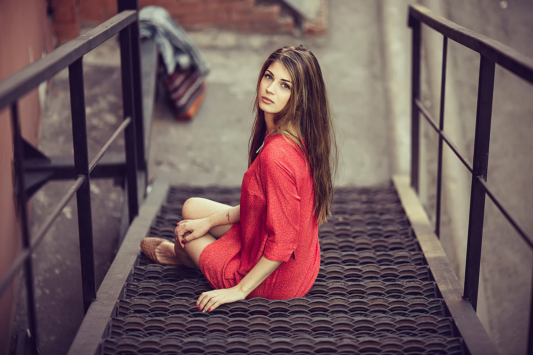 women, young women, dress, architecture, adult, s, one person, 1080P, ladder, teenager, hairstyle, lifestyles, portrait, fashion, Moscow, the girl in the red, HD Wallpaper