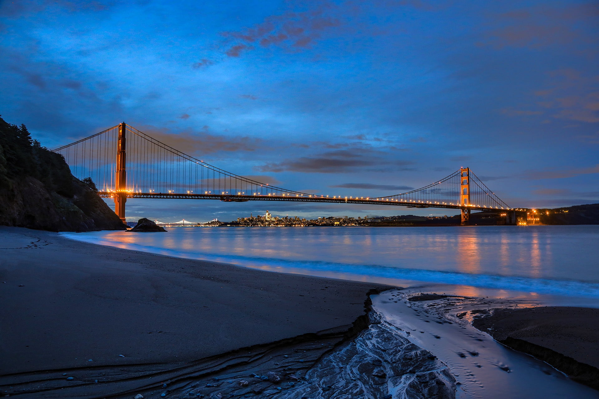 bridge, the evening, lights, shore, Golden gate, Strait, San Francisco, 1080P, landscape, Golden Gate Bridge, HD Wallpaper