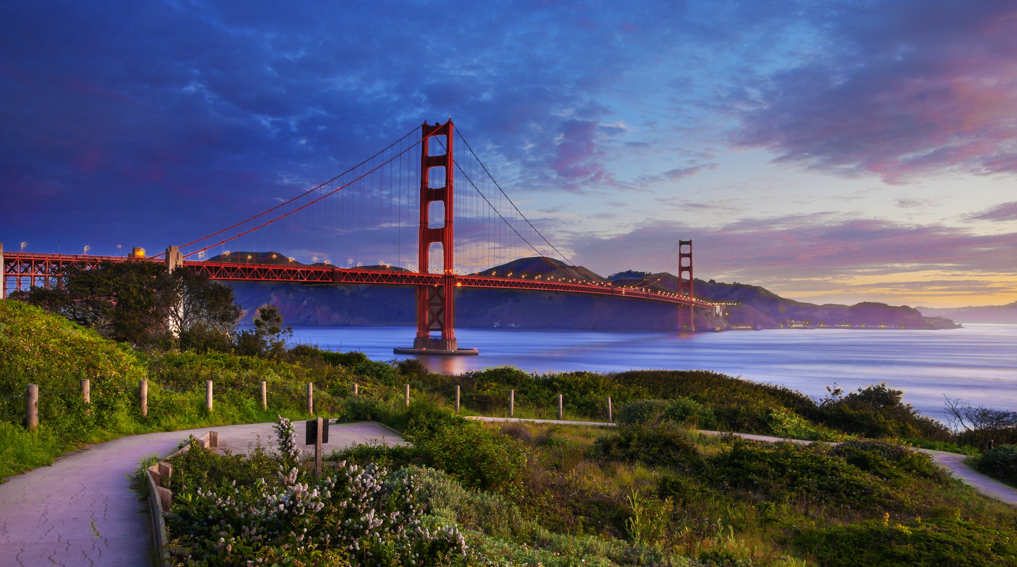 outdoors, built structure, sea, 1080P, travel destinations, dusk, cloud - sky, The Golden Gate Bridge, San Francisco Bay, bay, connection, transportation, HD Wallpaper