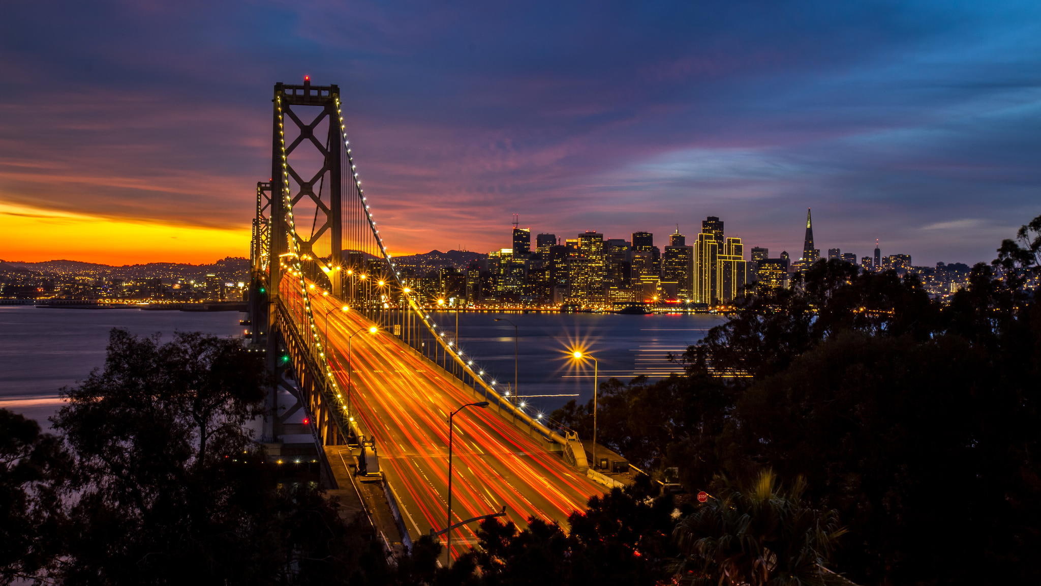 no people, lighting, bridge, San Francisco, building, office building exterior, connection, bridge - man made structure, sunset, orange color, 1080P, Strait, HD Wallpaper