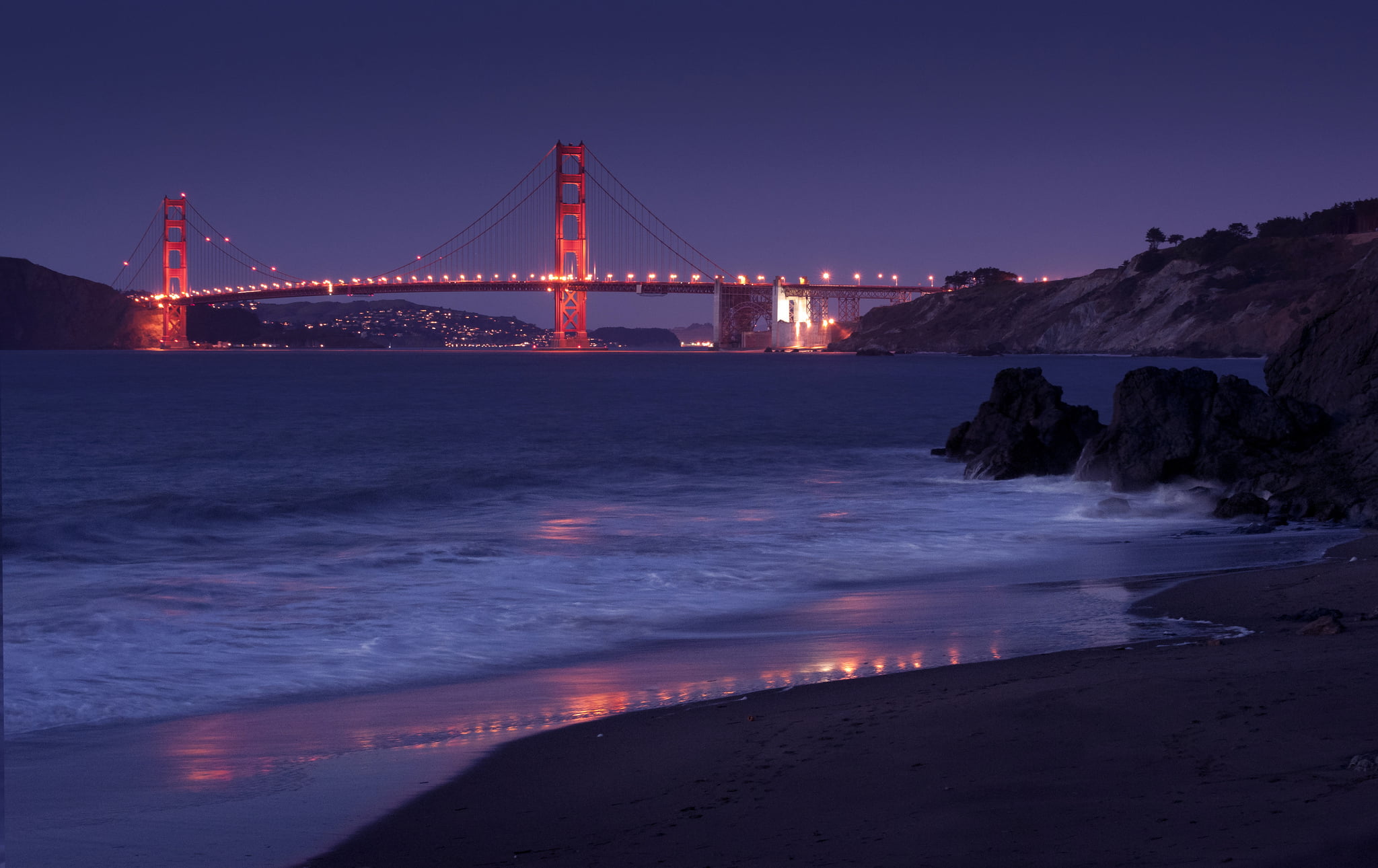the sky, francisco, tourism, san, lighting, the city, Strait, bridge - man made structure, built structure, travel, lights, purple, illuminated, architecture, HD Wallpaper