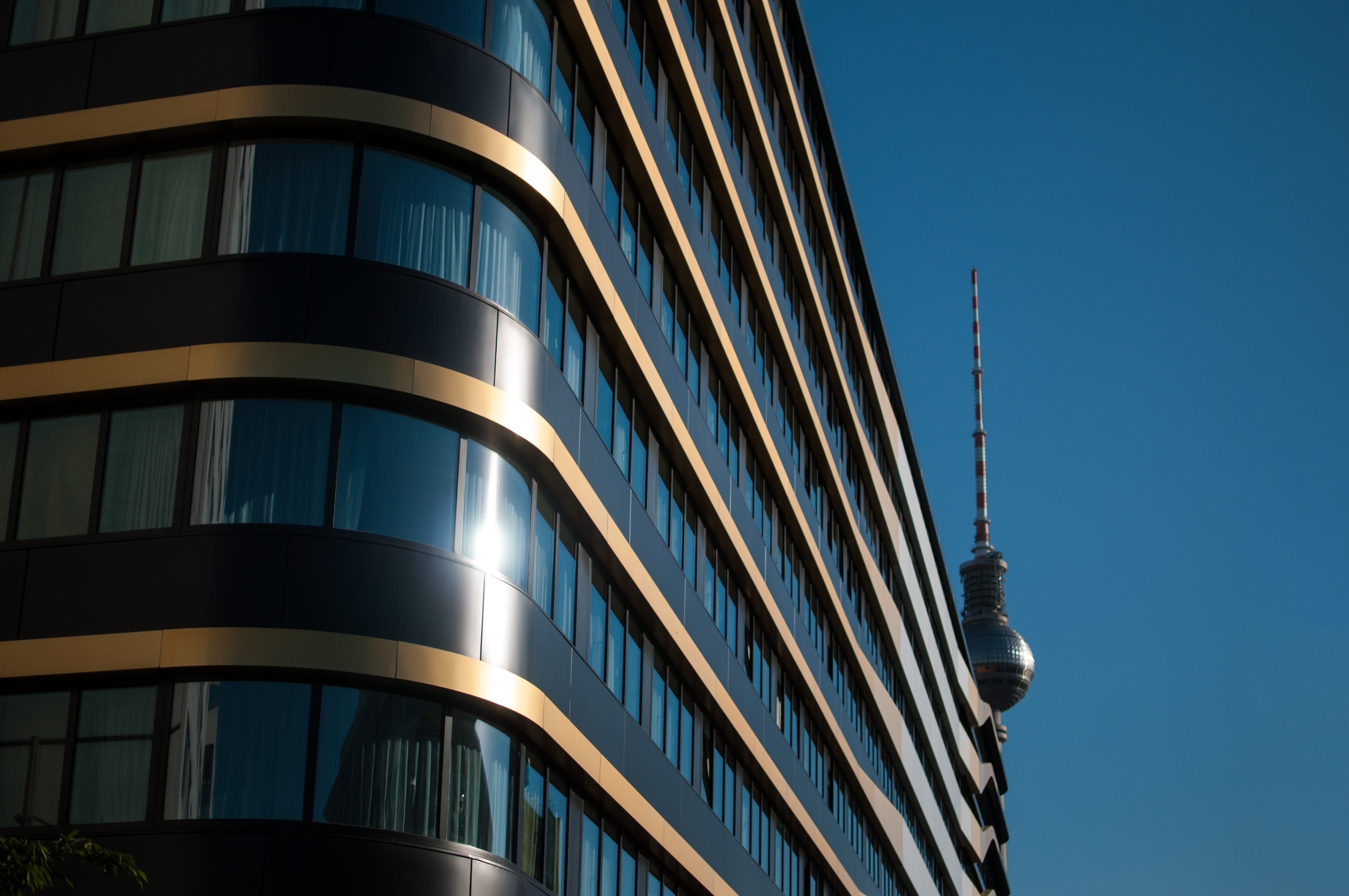 built structure, blue, berlin, capital, low angle view, urban, city, clear sky, tourism, travel, berliner, silhouette, germany, outdoors, 4K, tv tower, HD Wallpaper