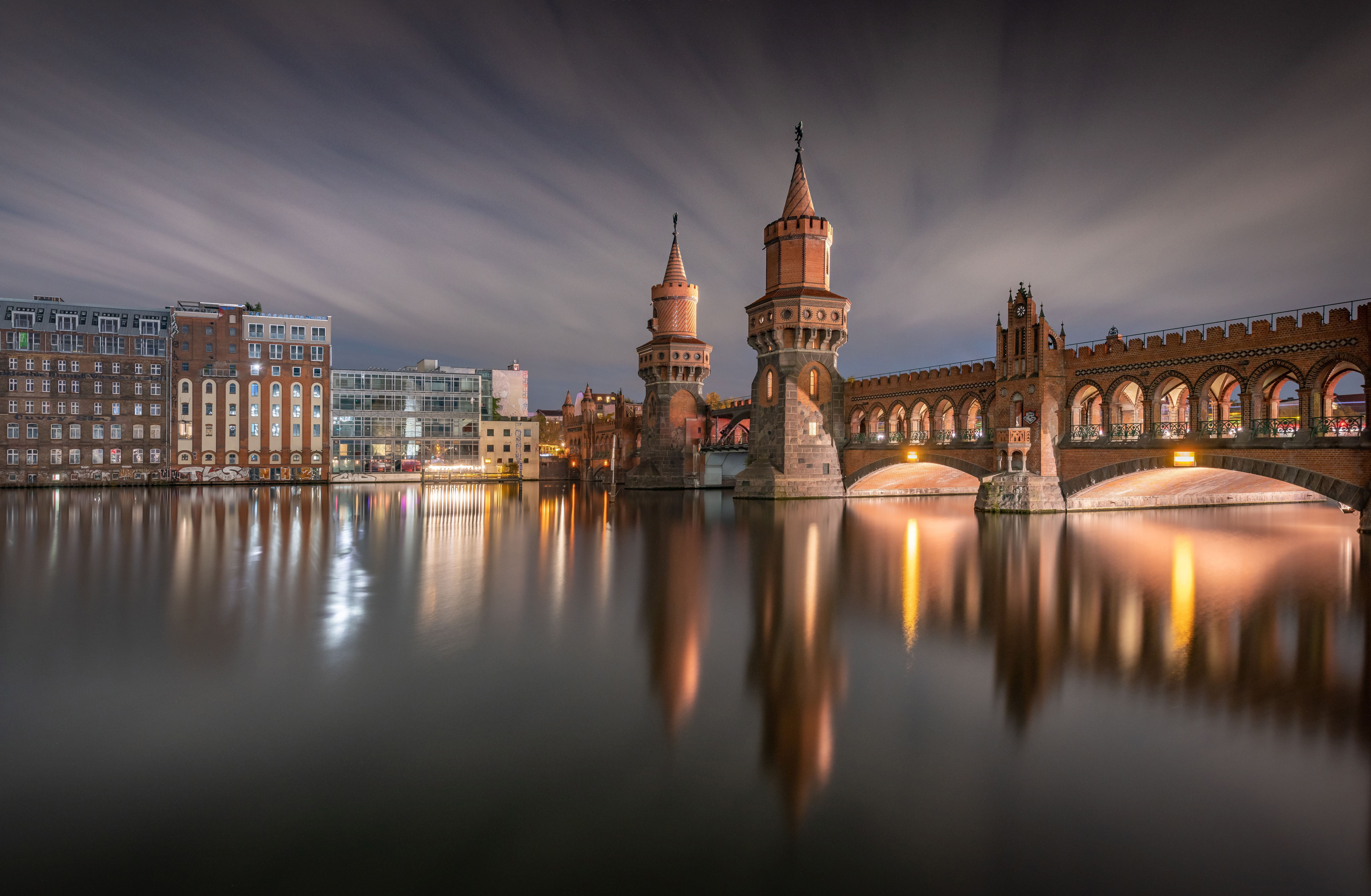 Мост Обербаум, Germany, Река Шпрея, River Spree, home, bridge, Oberbaum, river, Berlin, building, reflection, The Upper Tree Bridge, 5K, HD Wallpaper