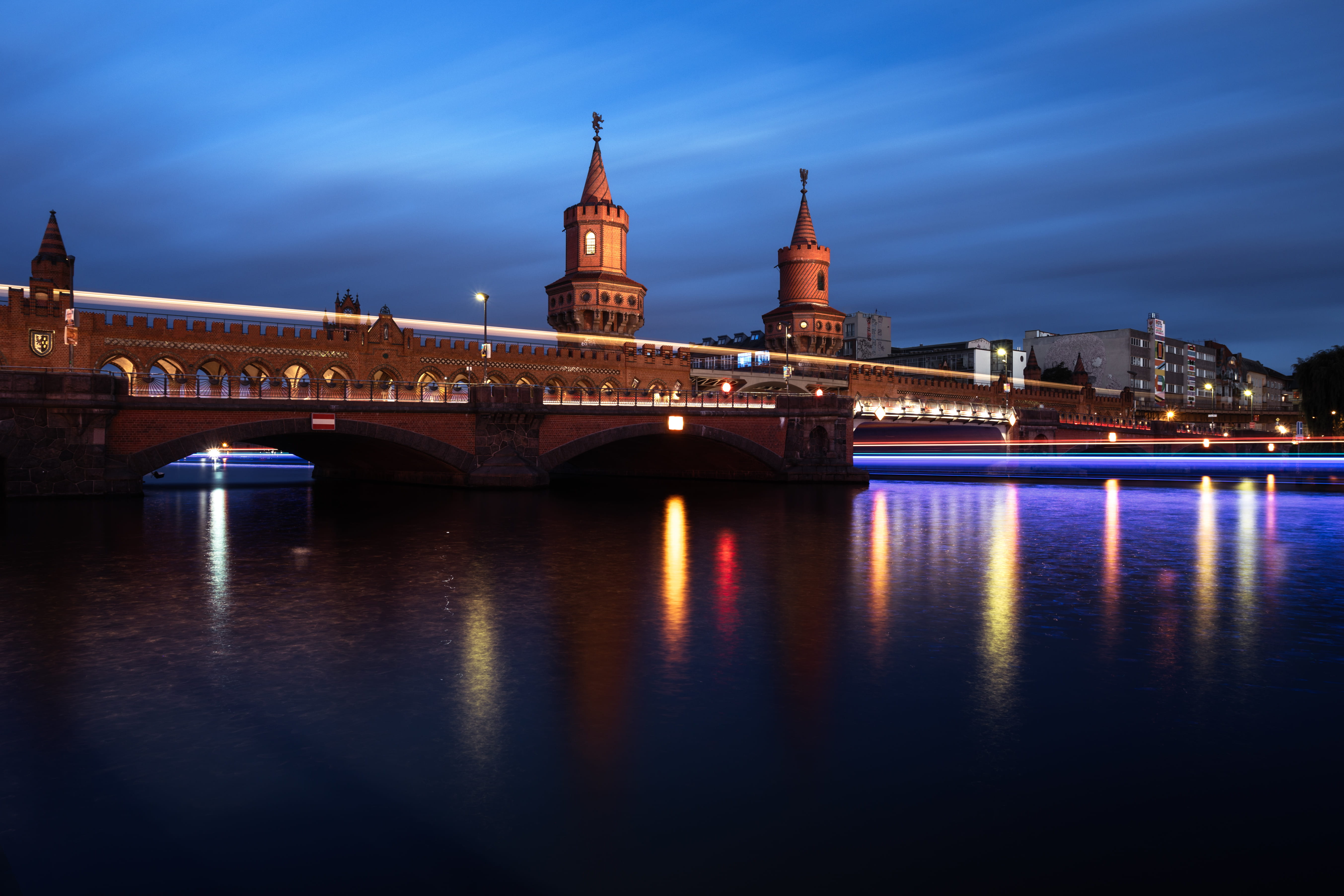 outdoors, oberbaumbrücke, sky, 5K, dusk, nature, no people, water, illuminated, bridge - man made structure, berlin, reflection, connection, river, building exterior, HD Wallpaper