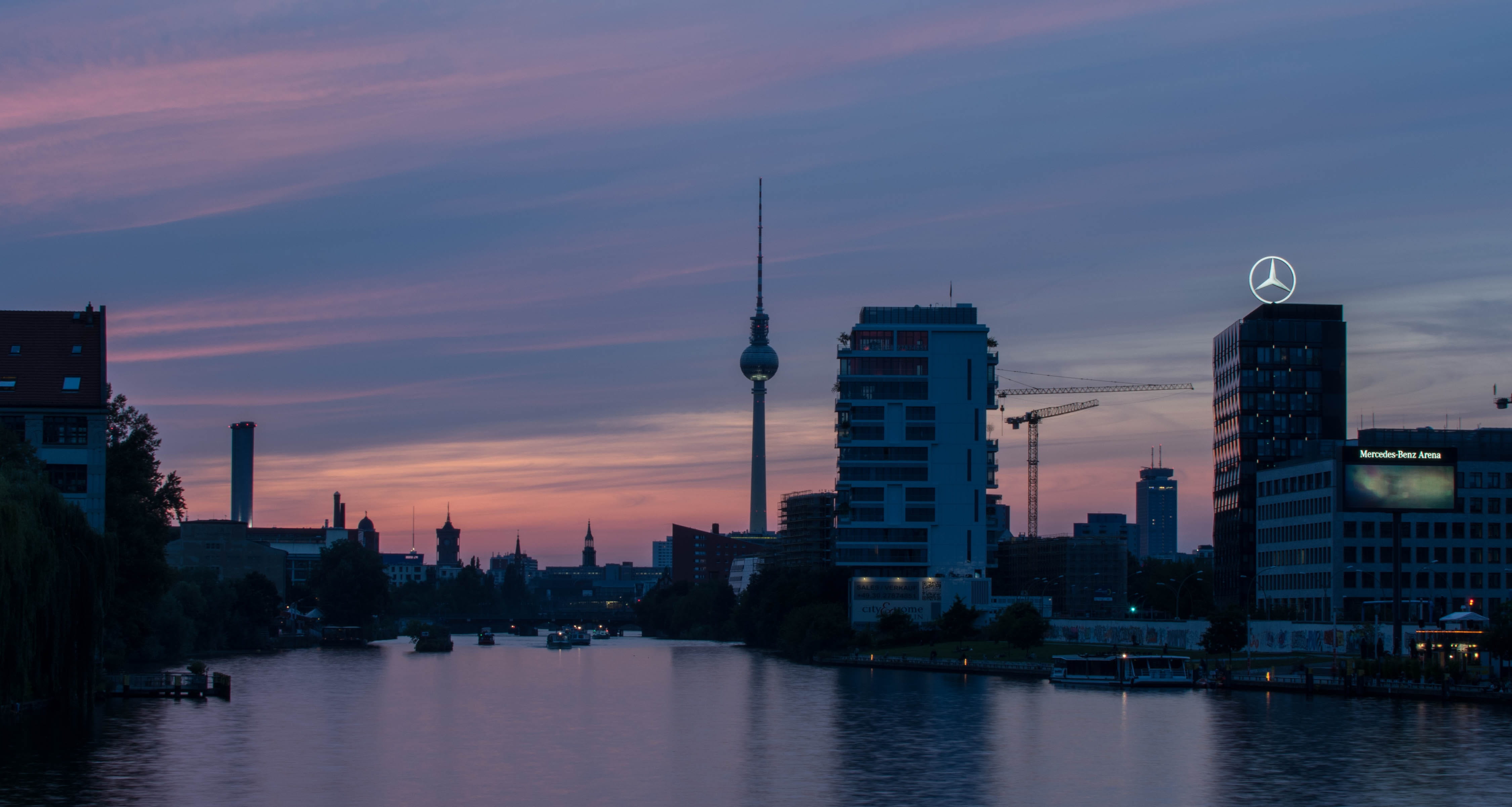 sunset, river, waters, travel destinations, modern, twilight, canal, office building exterior, spire, nature, tower, cityscape, outdoors, city, built structure, HD Wallpaper