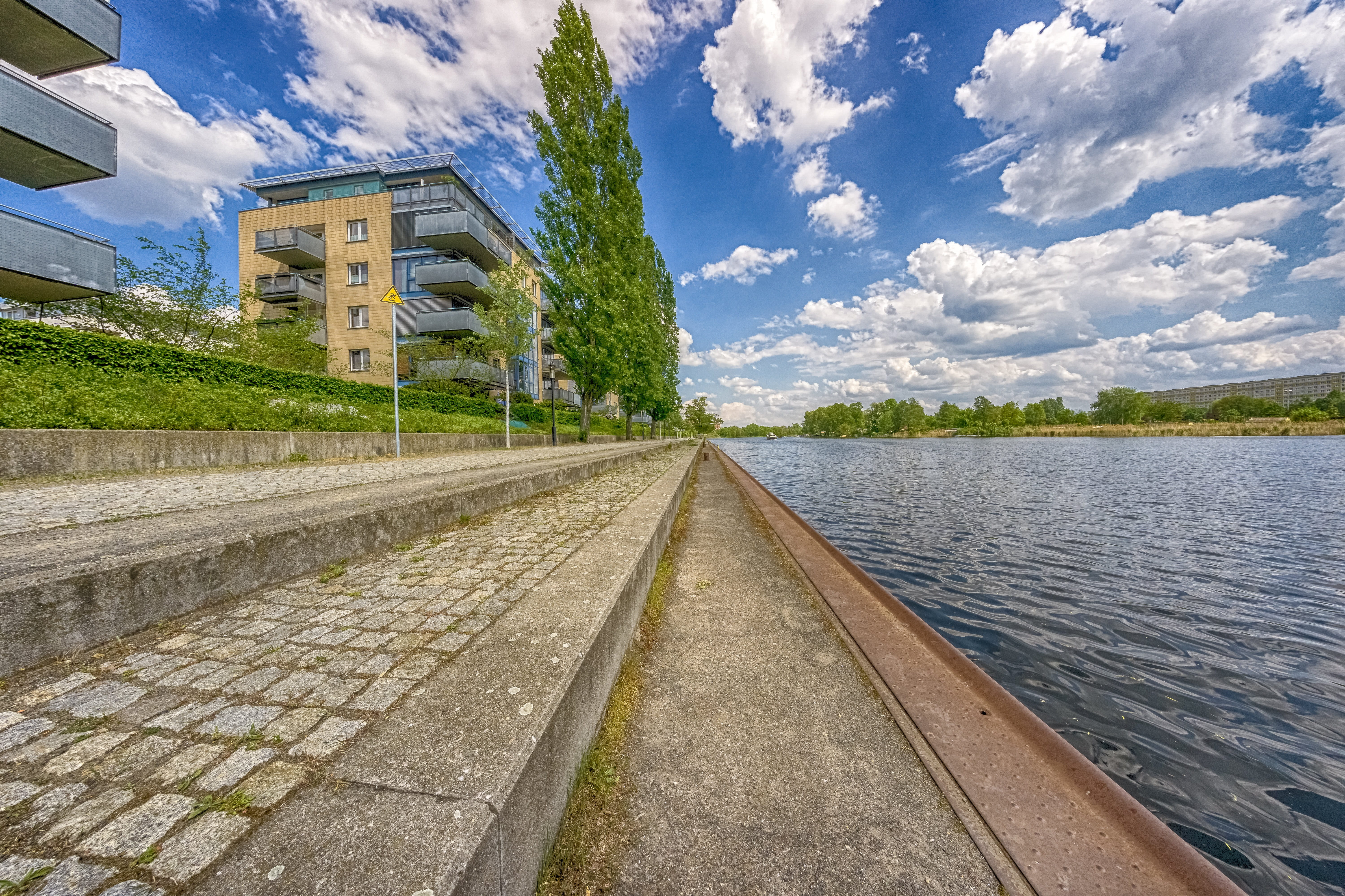 footpath, diminishing perspective, architecture, clouds, city, plant, water, summer, outdoors, spree, 5K, lake, river, sky, road, cloud - sky, built structure, HD Wallpaper