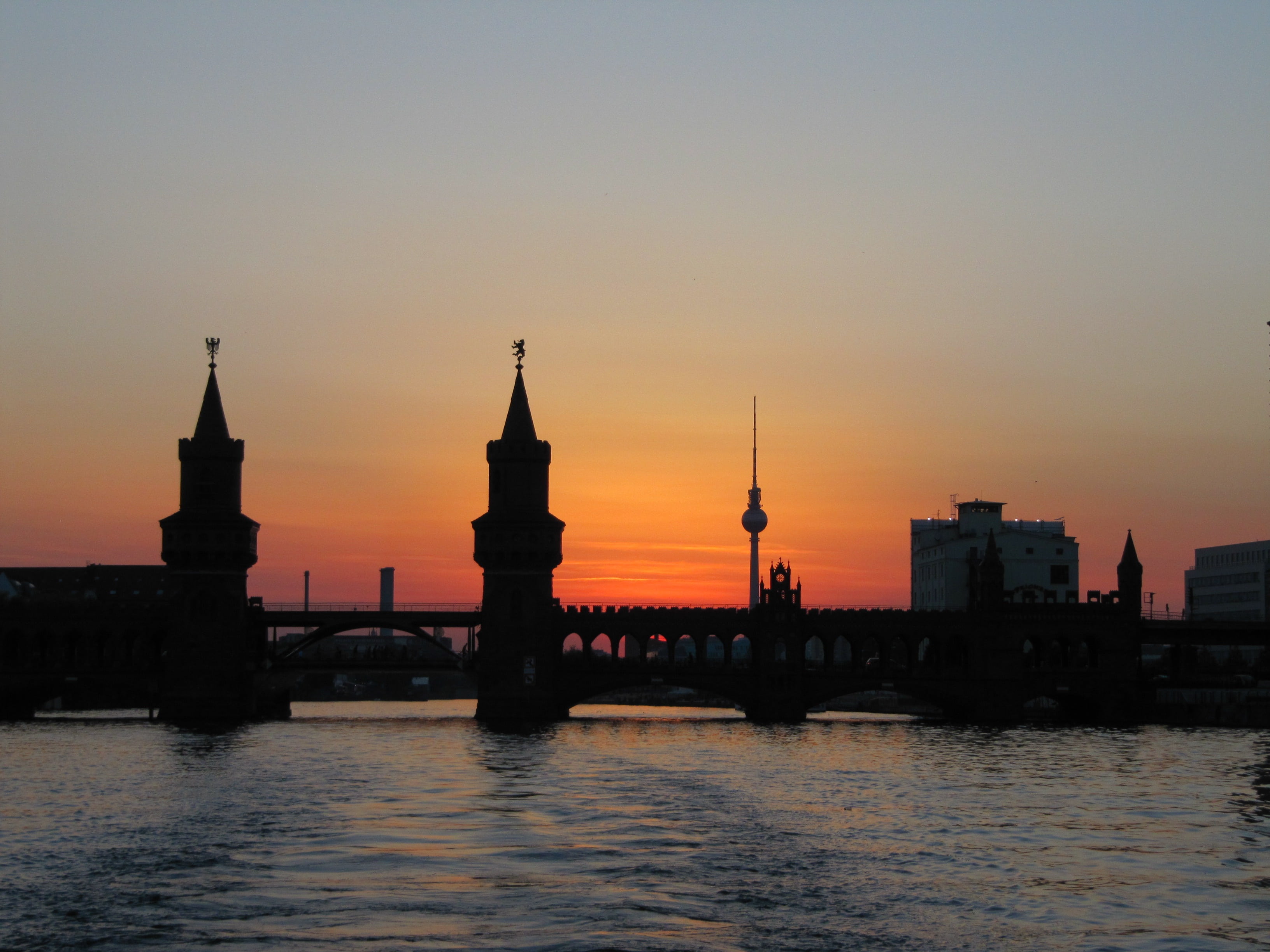 tv tower, building exterior, cityscape, rise, architecture, spree, sky, silhouette, nature, high, travel, abendstimmung, spire, reflection, famous Place, HD Wallpaper