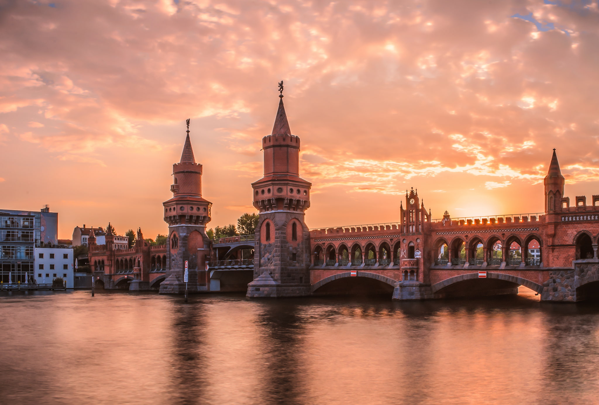 sunset, bridge, The upper tree bridge, the evening, 1080P, river, Berlin, HD Wallpaper