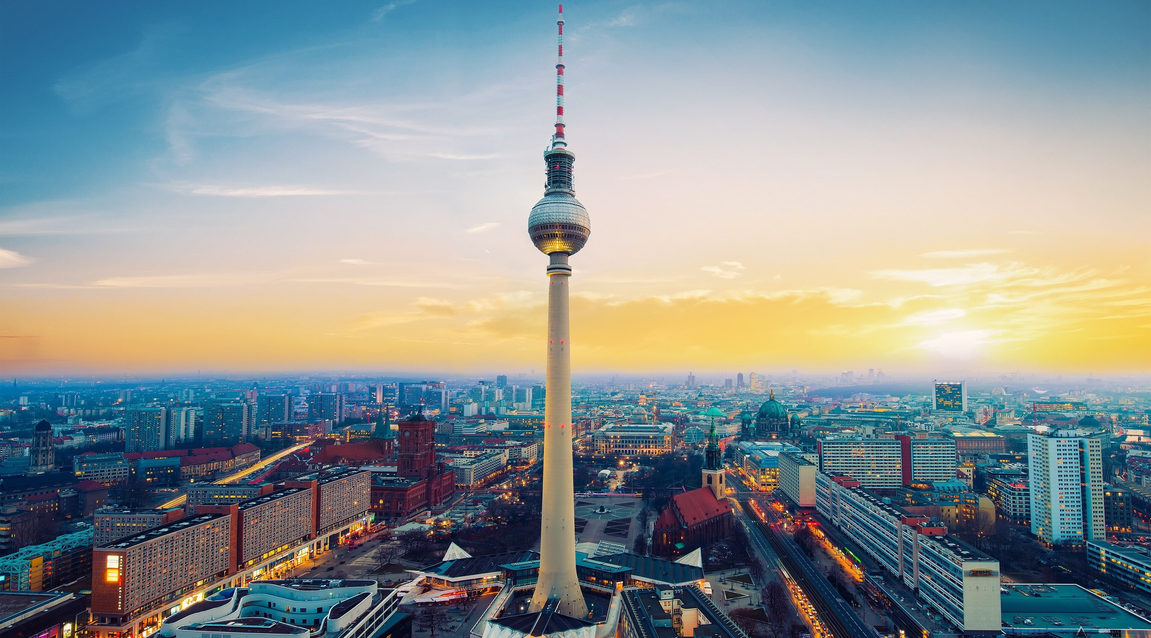 landscape, tower, sky, built structure, tall - high, skyscraper, building, urban skyline, travel, architecture, office building exterior, 4K, fernsehturm 4k cool, HD Wallpaper