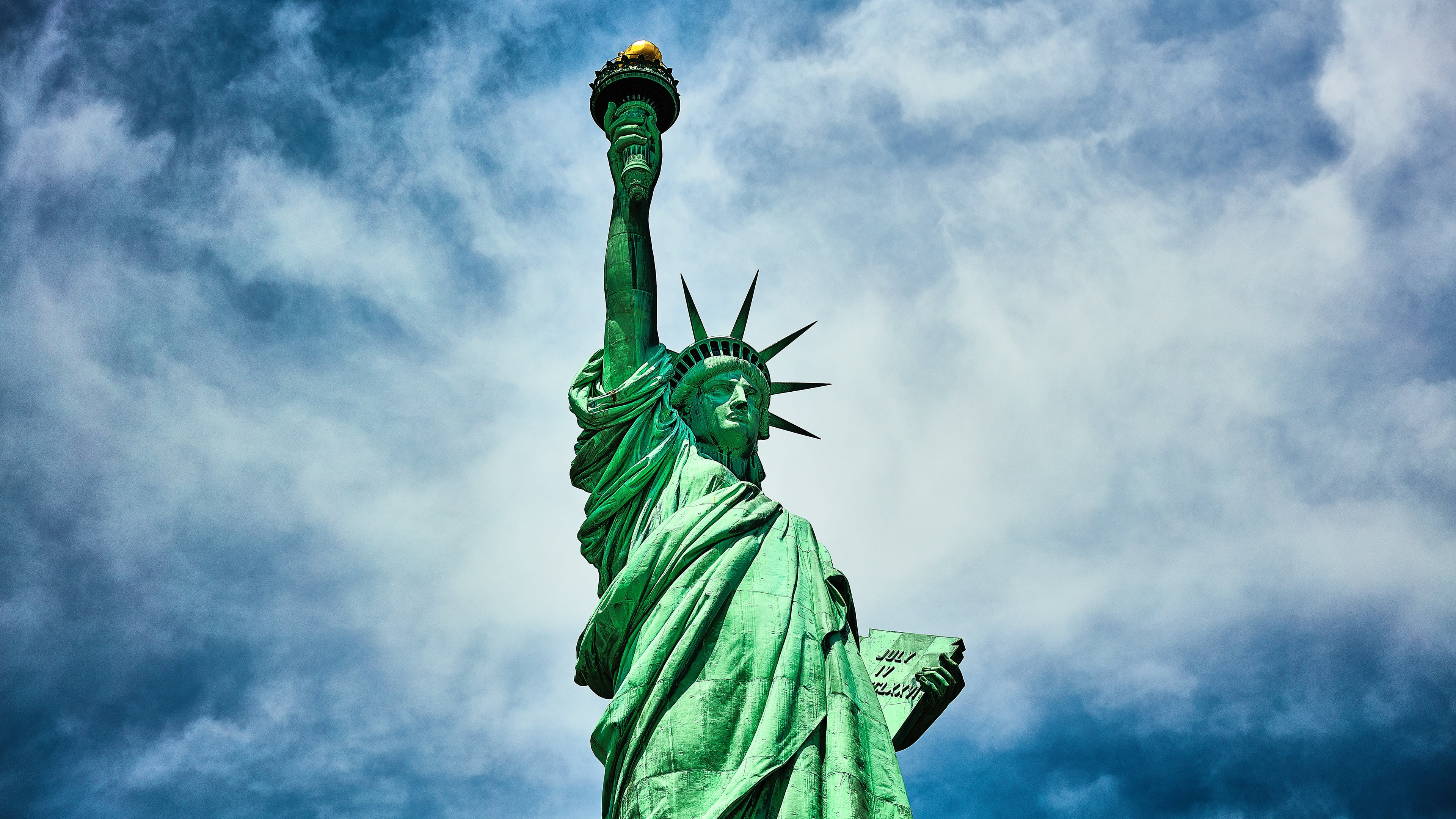 statue of liberty national monument, statue, flaming torch, 4K, art and craft, human representation, travel, low angle view, day, united states, flame, HD Wallpaper