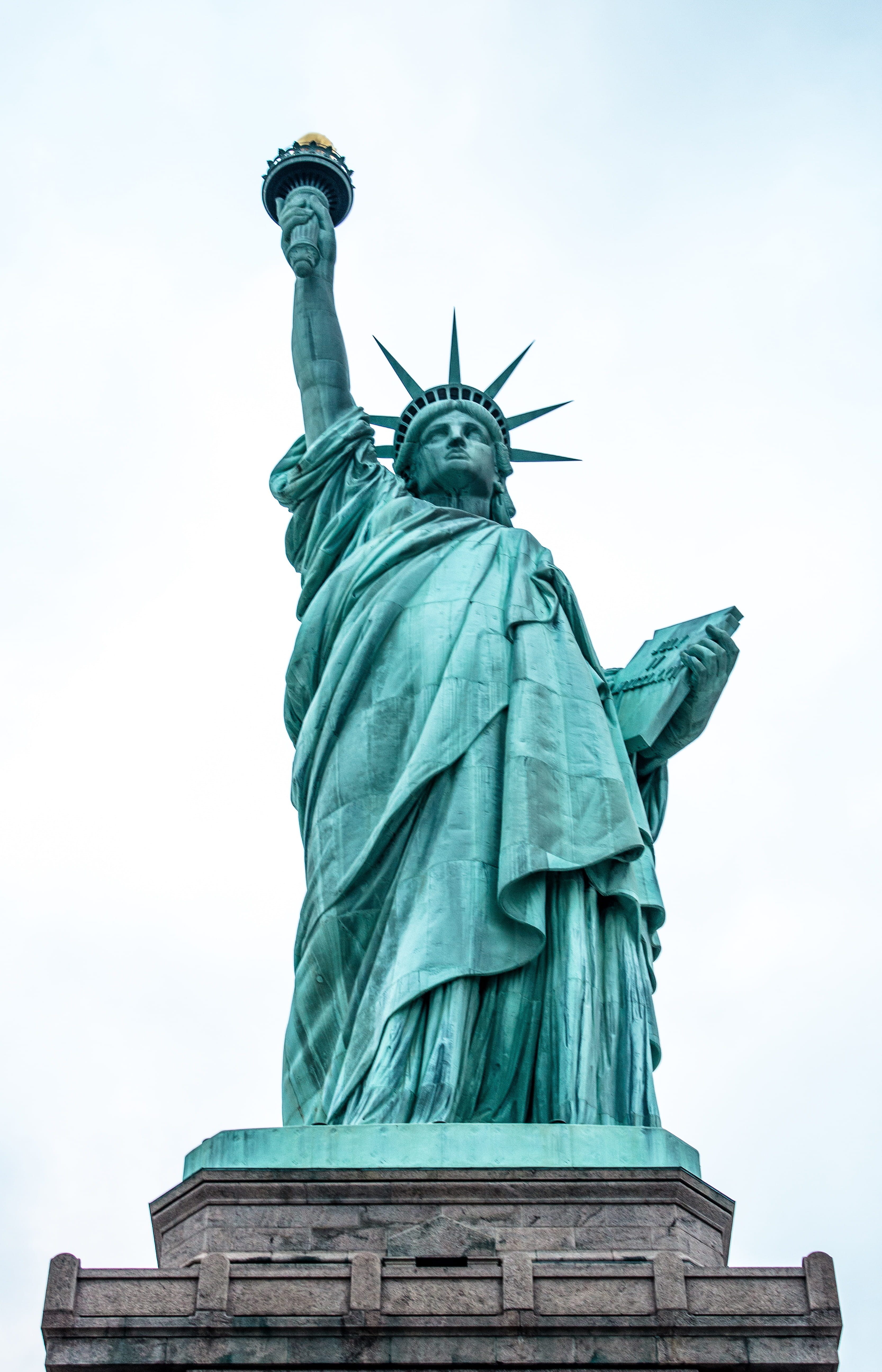 low angle view, liberty, statue, architecture, travel, art and craft, sky, sculpture, representation, day, independence, york, 5K, human representation, Phone HD Wallpaper