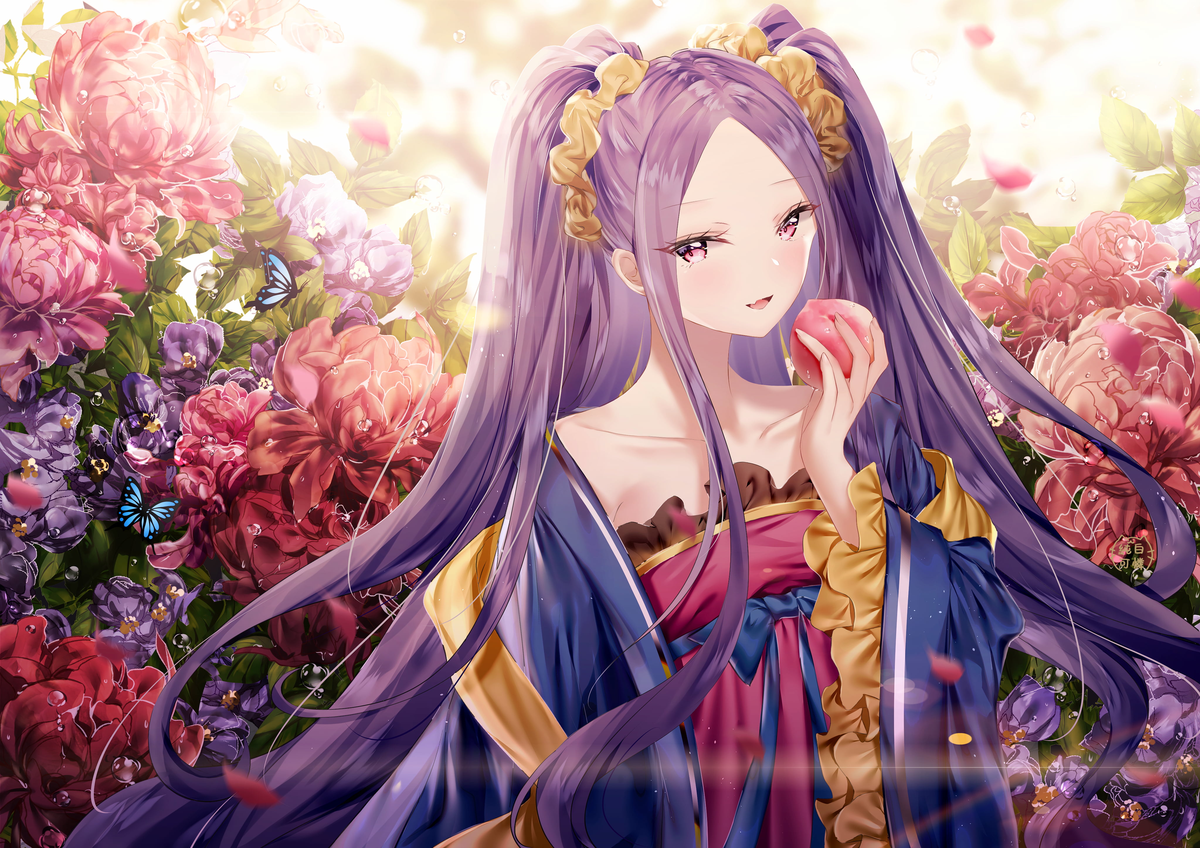 Pink Eyes, Fate Series, 4K, Flower, Long Hair, Wu Zetian (Fate/Grand Order), Fate/Grand Order, Purple Hair, Girl, HD Wallpaper