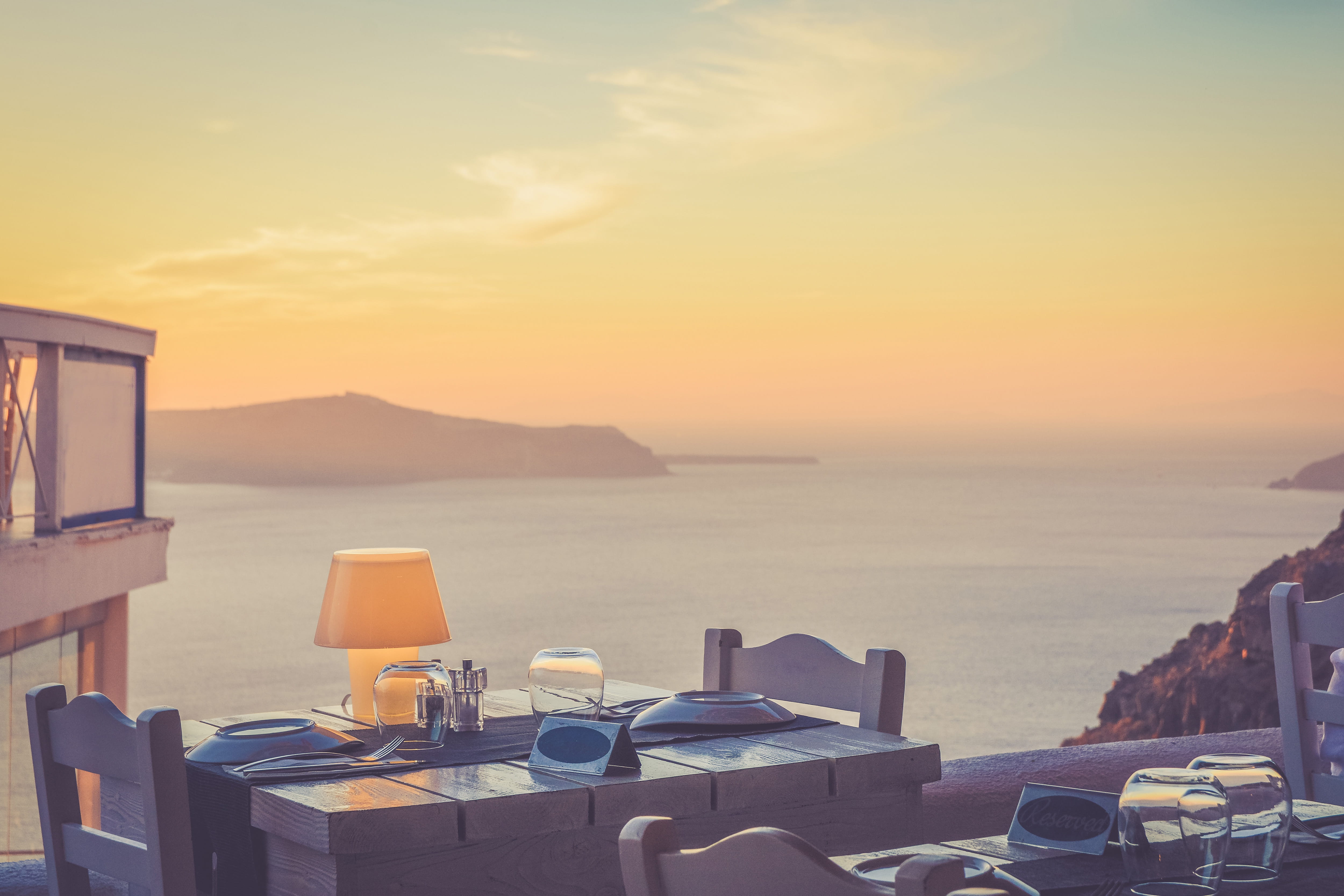 sunset, nature, scenics - nature, coastline, dinner, sea, city, glass, beauty in nature, idyllic, dusk, table, chair, summer, absence, sky, restaurant, HD Wallpaper