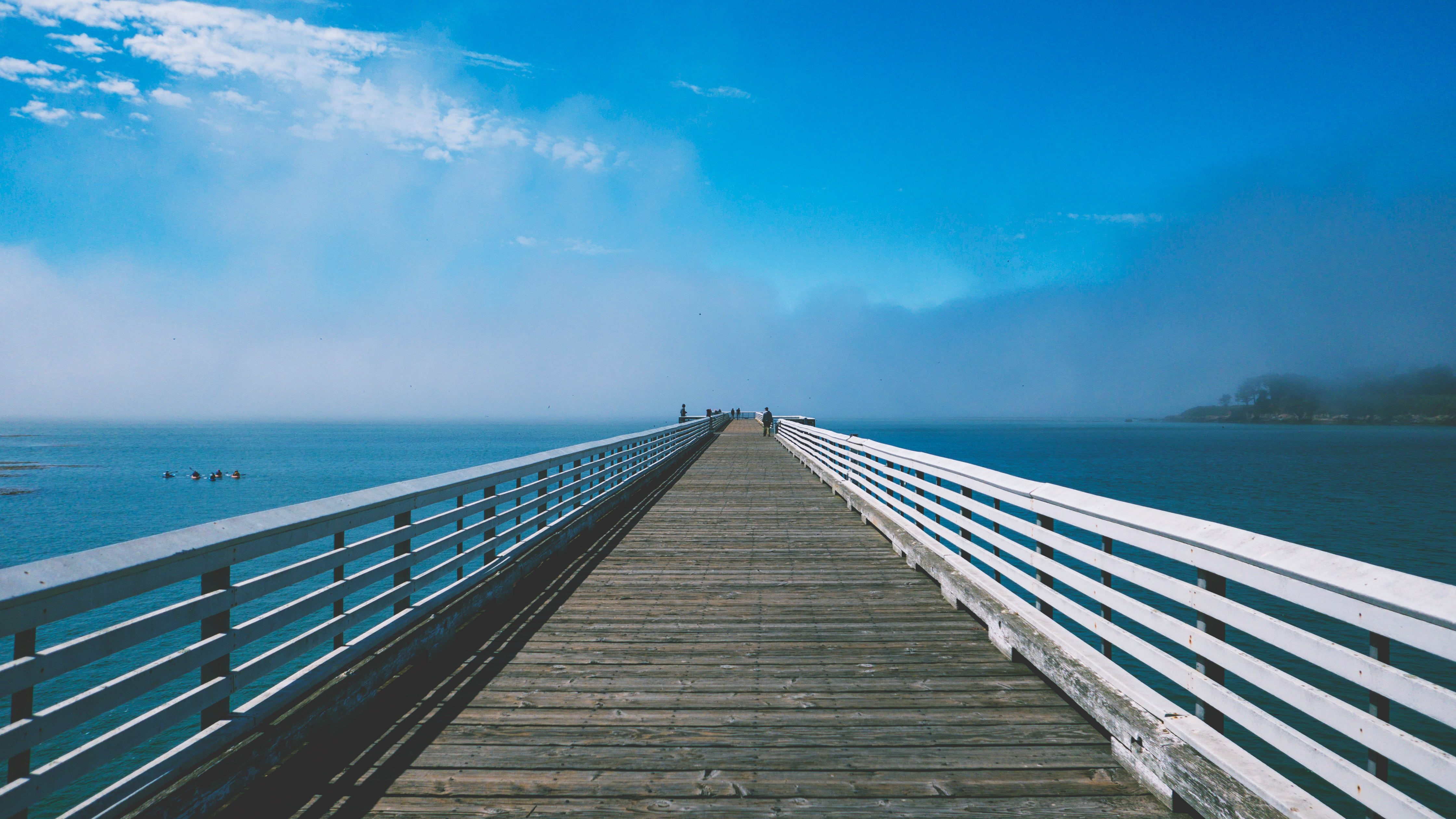 beauty in nature, water, outdoors, connection, near, tranquility, wood - material, no people, daytime, sea, nature, boardwalk, sunshine, sunny, cloud - sky, HD Wallpaper