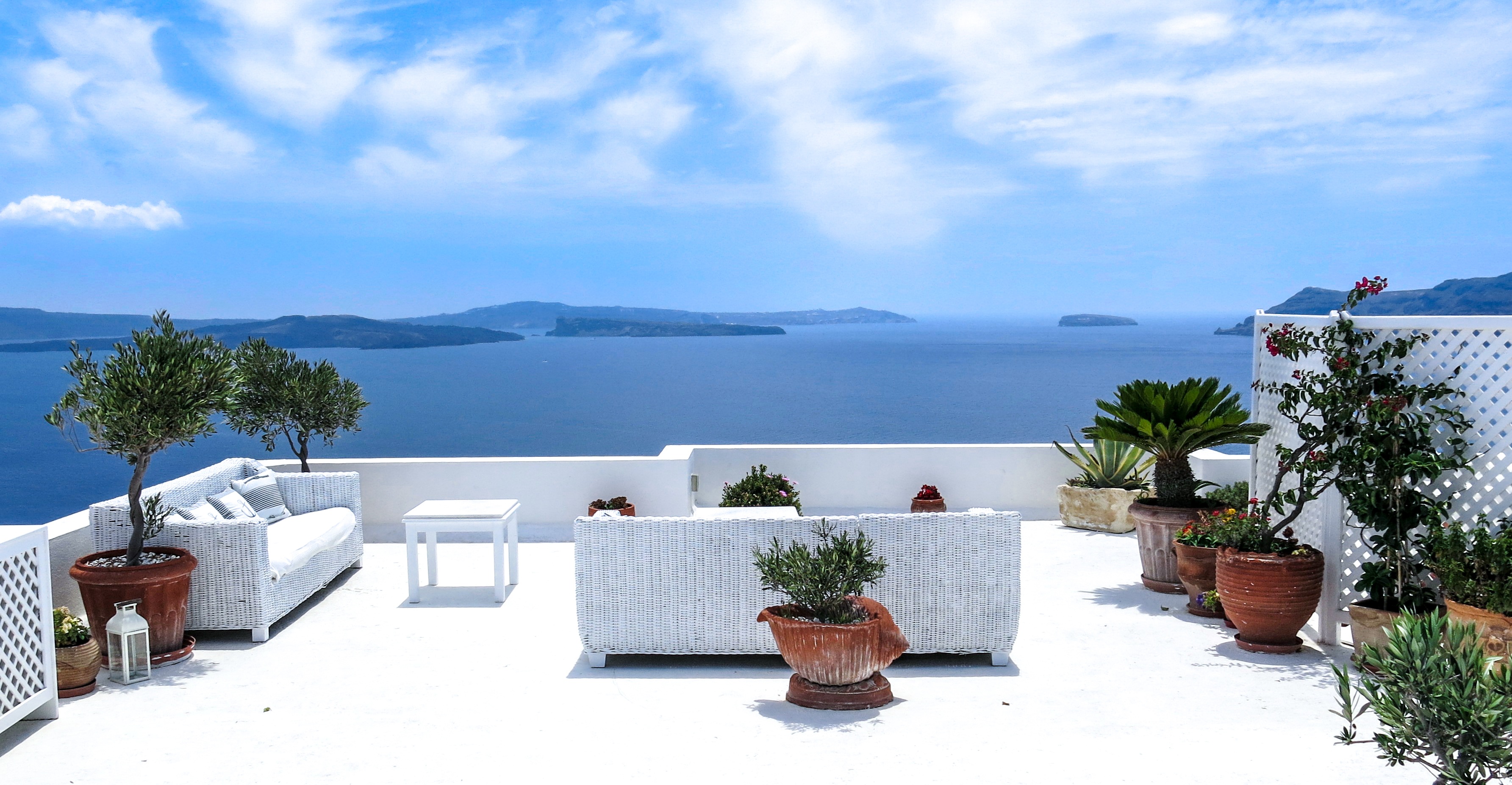 body, near, tree, potted, sun, seat, south, green, blue, 2K, tranquility, mountain, santorini, plant, sea view, water, nature, brown, chair, scenics - nature, HD Wallpaper
