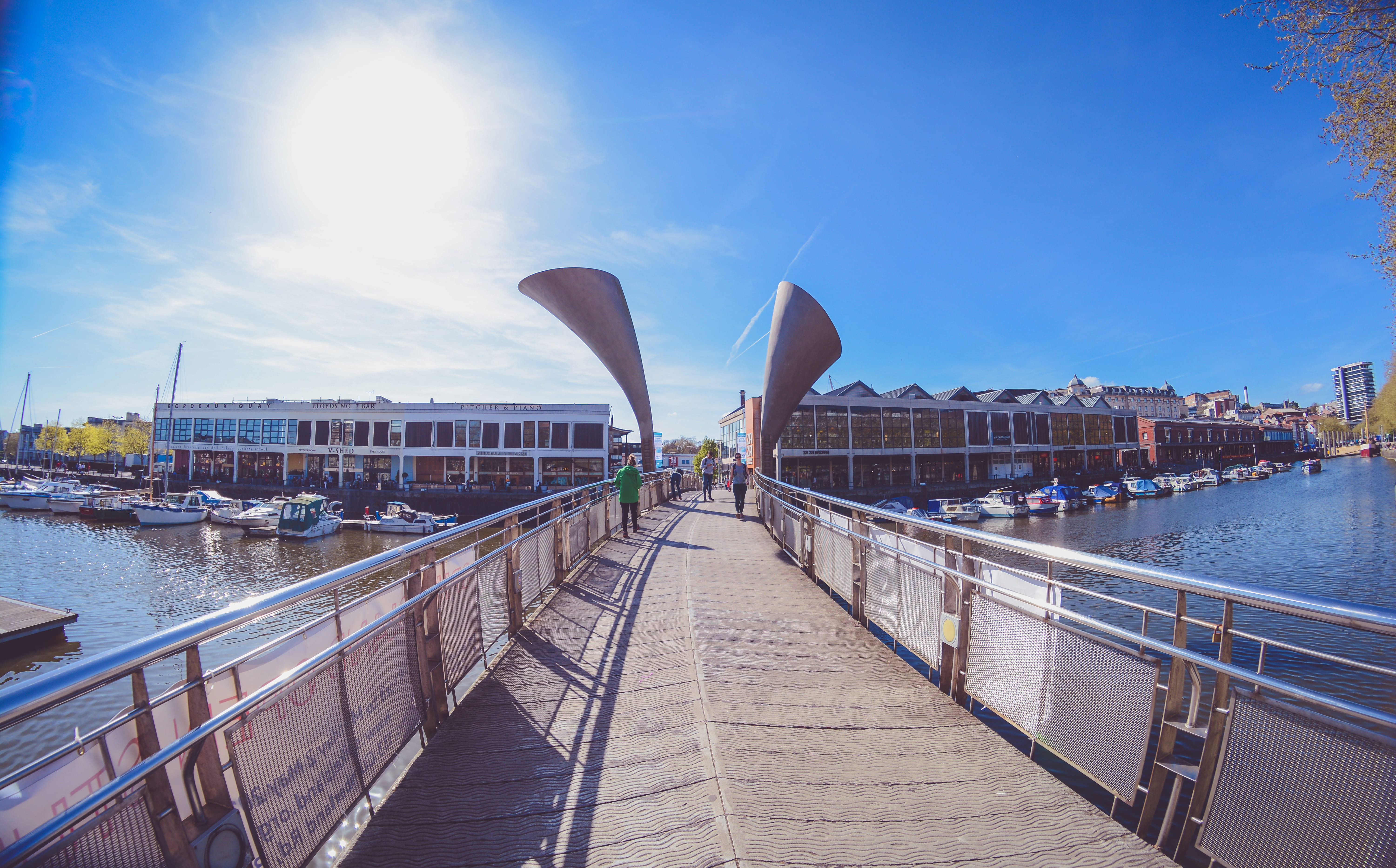bluesky, incidental people, footpath, bridge, day, building exterior, boat, promenade, transportation, river, cloud - sky, architecture, bristol, boats, HD Wallpaper