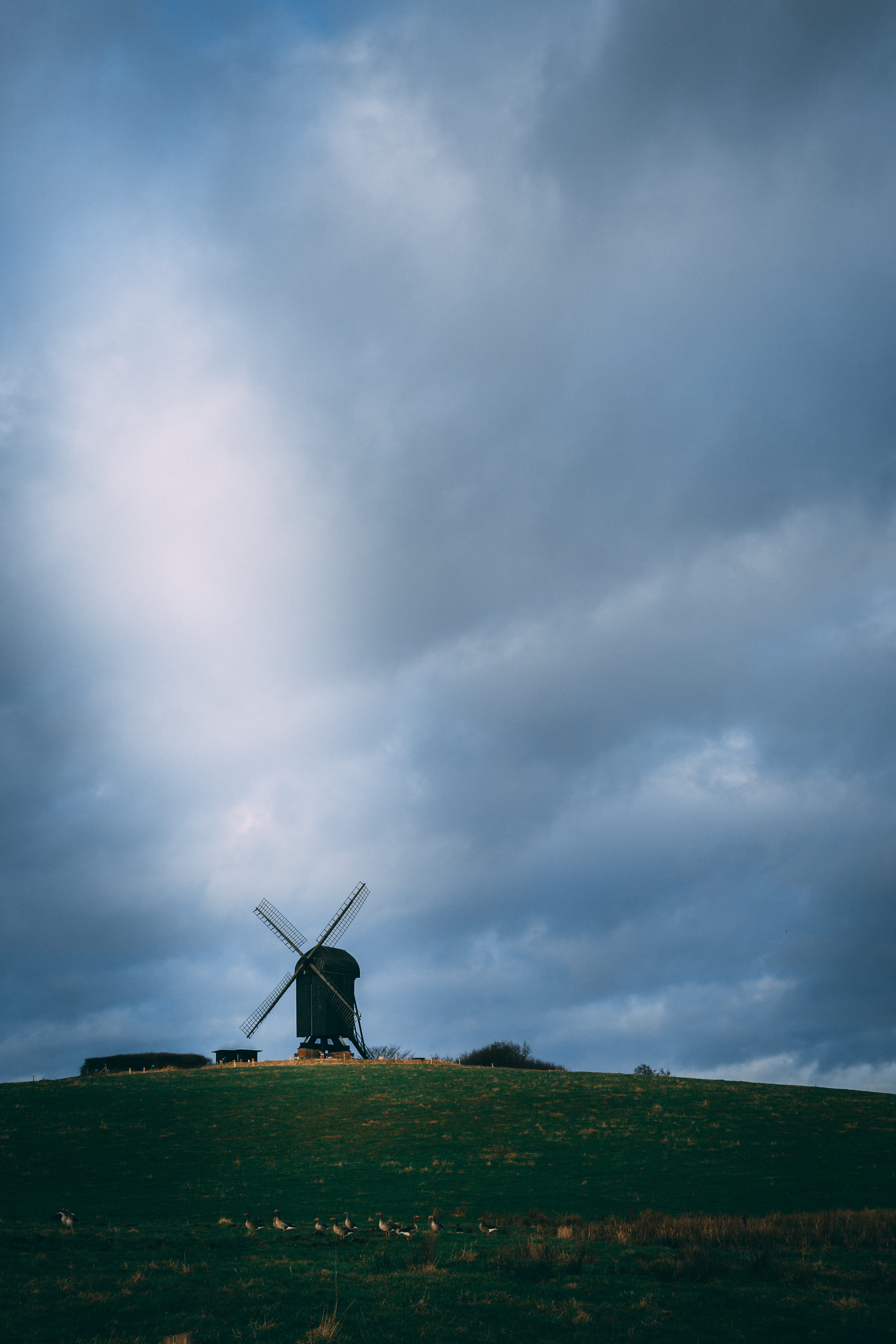field, traditional windmill, outdoors, sustainable resources, no people, ramløse, sky, alternative energy, farm, green, 5K, cloud - sky, wind turbine, Phone HD Wallpaper