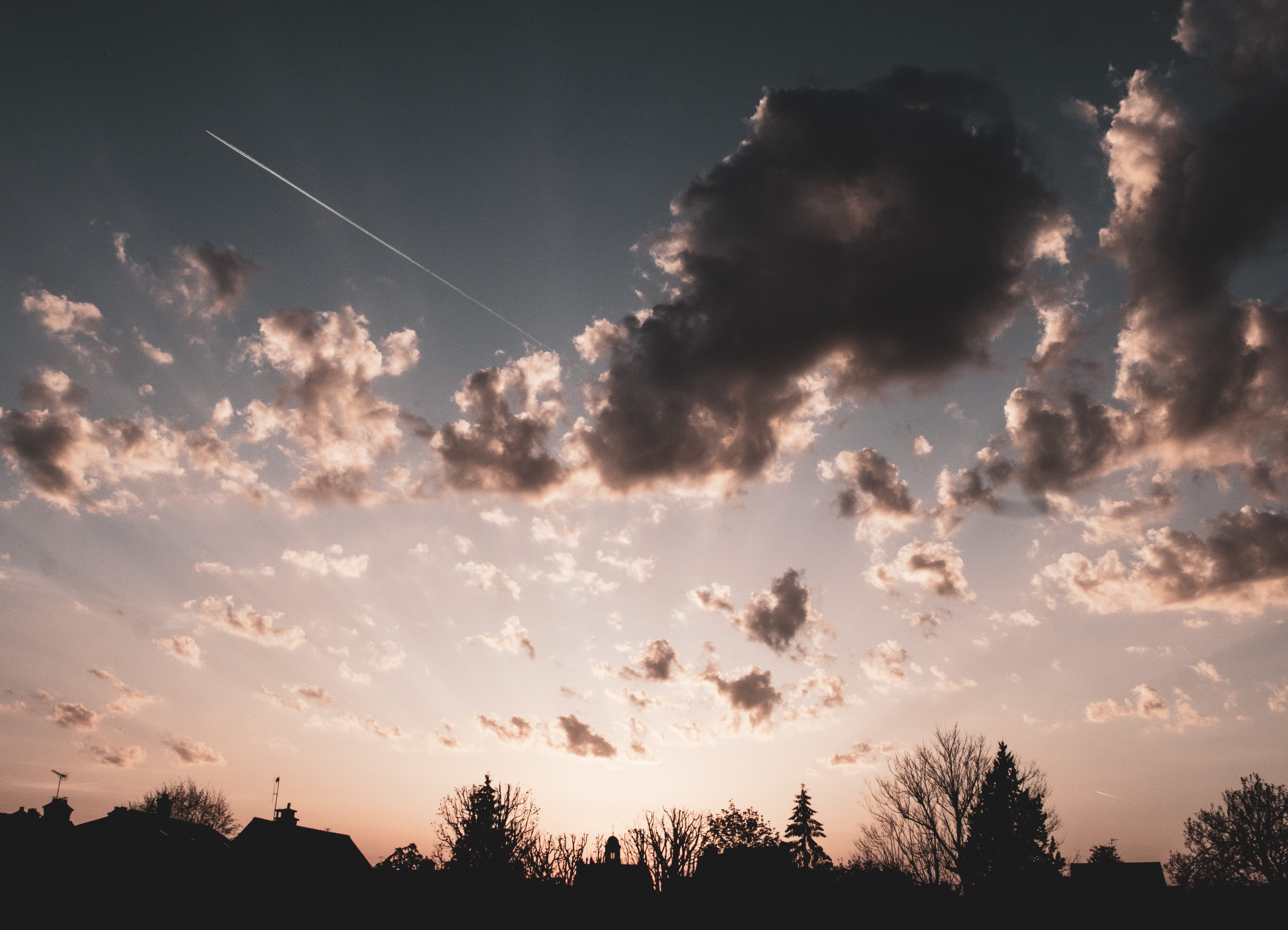 idyllic, beauty in nature, light, cloud, no people, skyblue, orange, flare, bluesky, vapor trail, low angle view, scenics - nature, sunrise, cloud - sky, HD Wallpaper