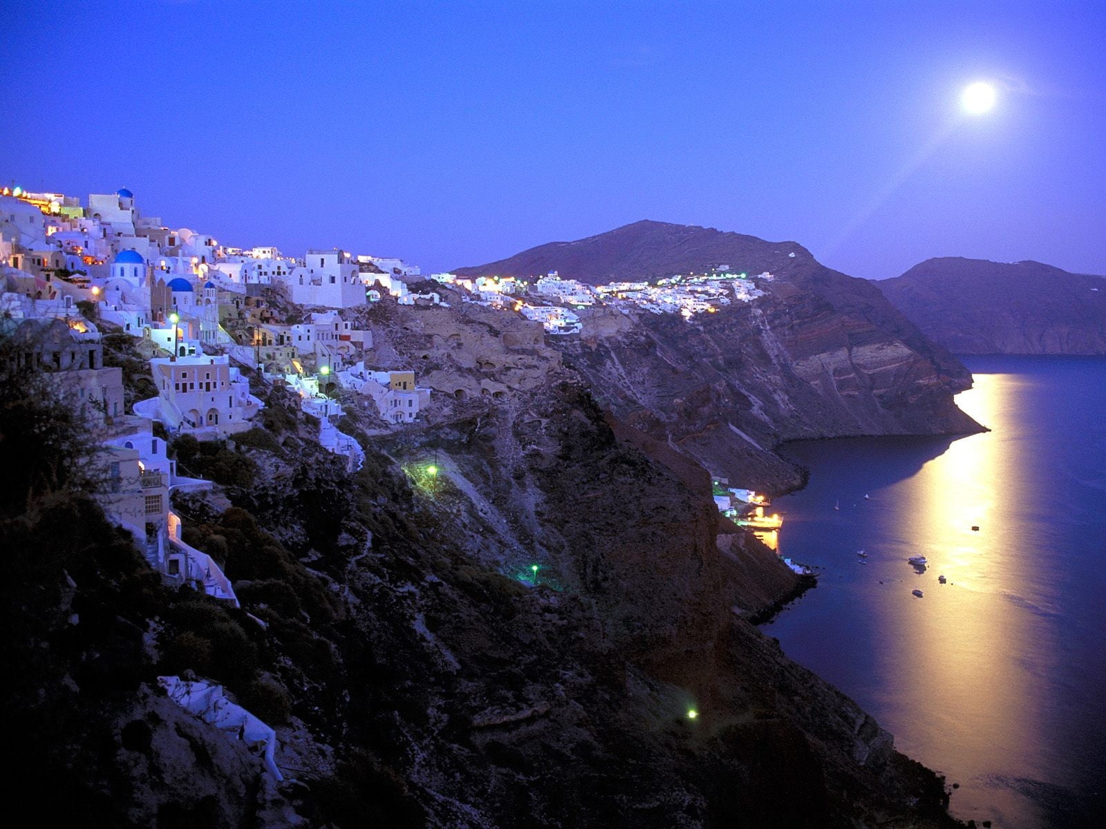 water, scenics, mediterranean Culture, full moon, white, sky, solid, nature, moon, beauty In Nature, cliff, urban Scene, beach, cultures, summer, illuminated, HD Wallpaper