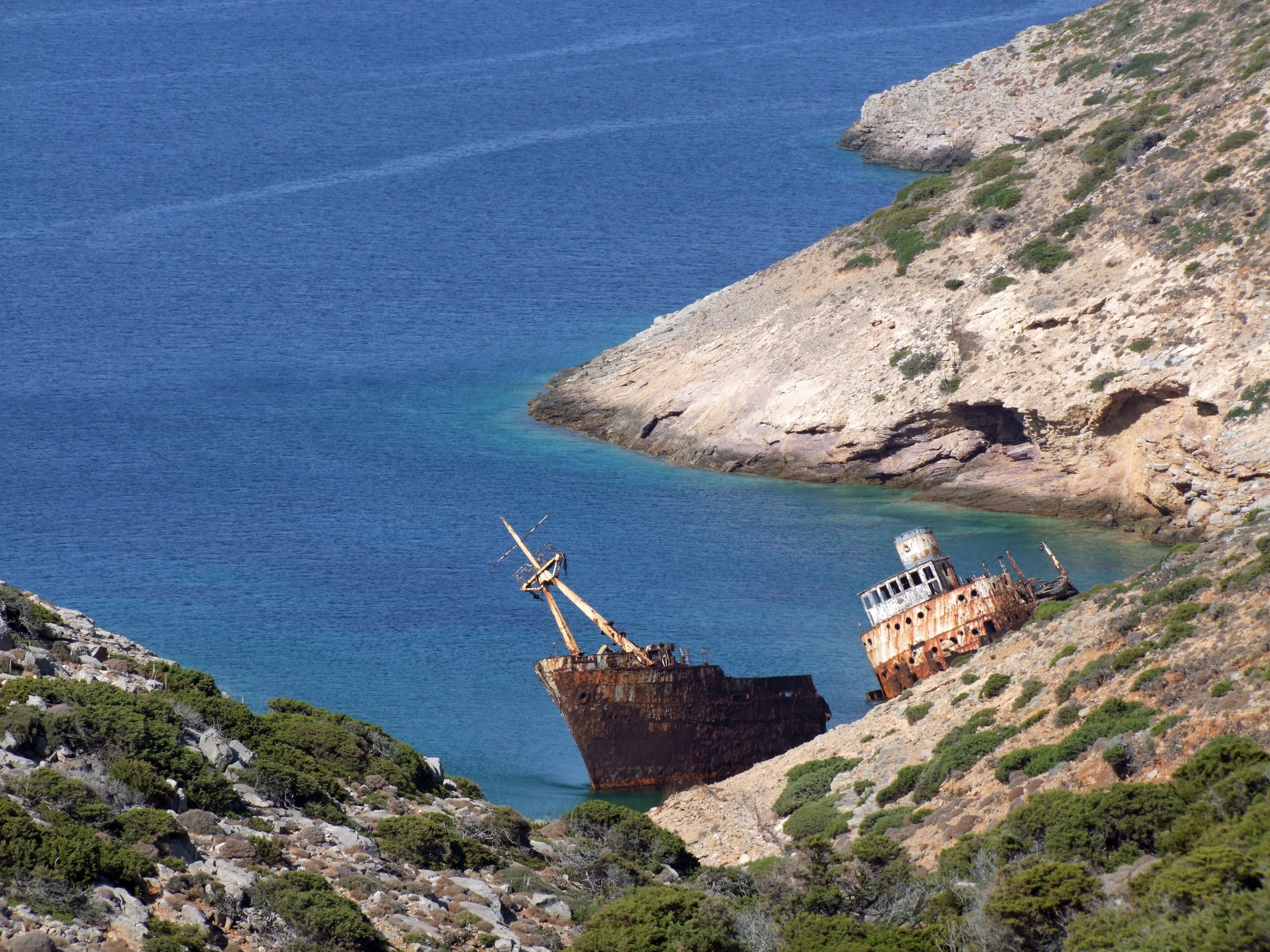 island, day, outdoors, nature, transportation, old, beach, broken, rock, rock - object, architecture, scenics - nature, ship wreck, sea, cyclades, mountain, HD Wallpaper
