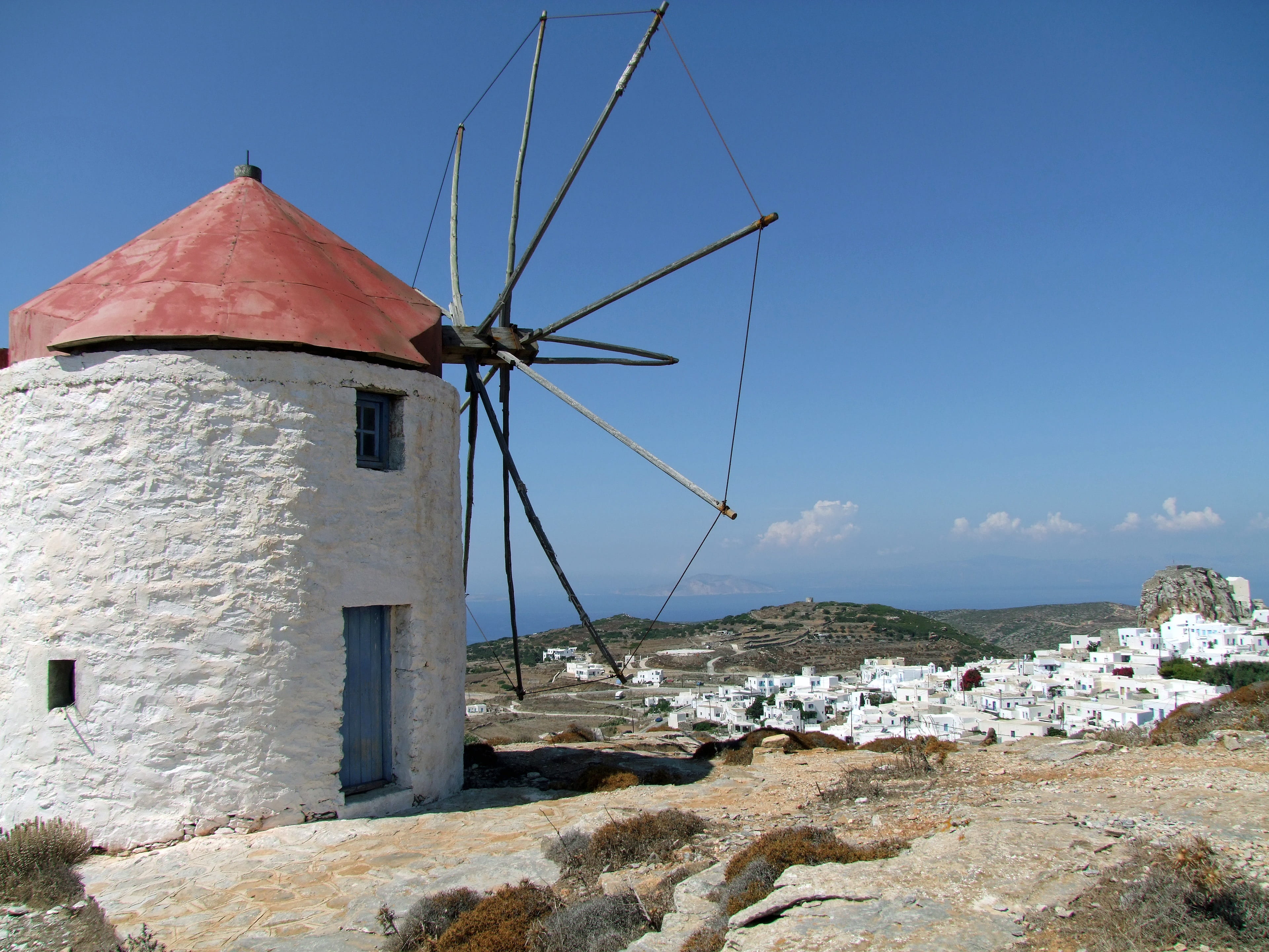 traditional windmill, wind power, 4K, cyclades, nature, water, island city, white, sky, built structure, architecture, wind turbine, alternative energy, HD Wallpaper