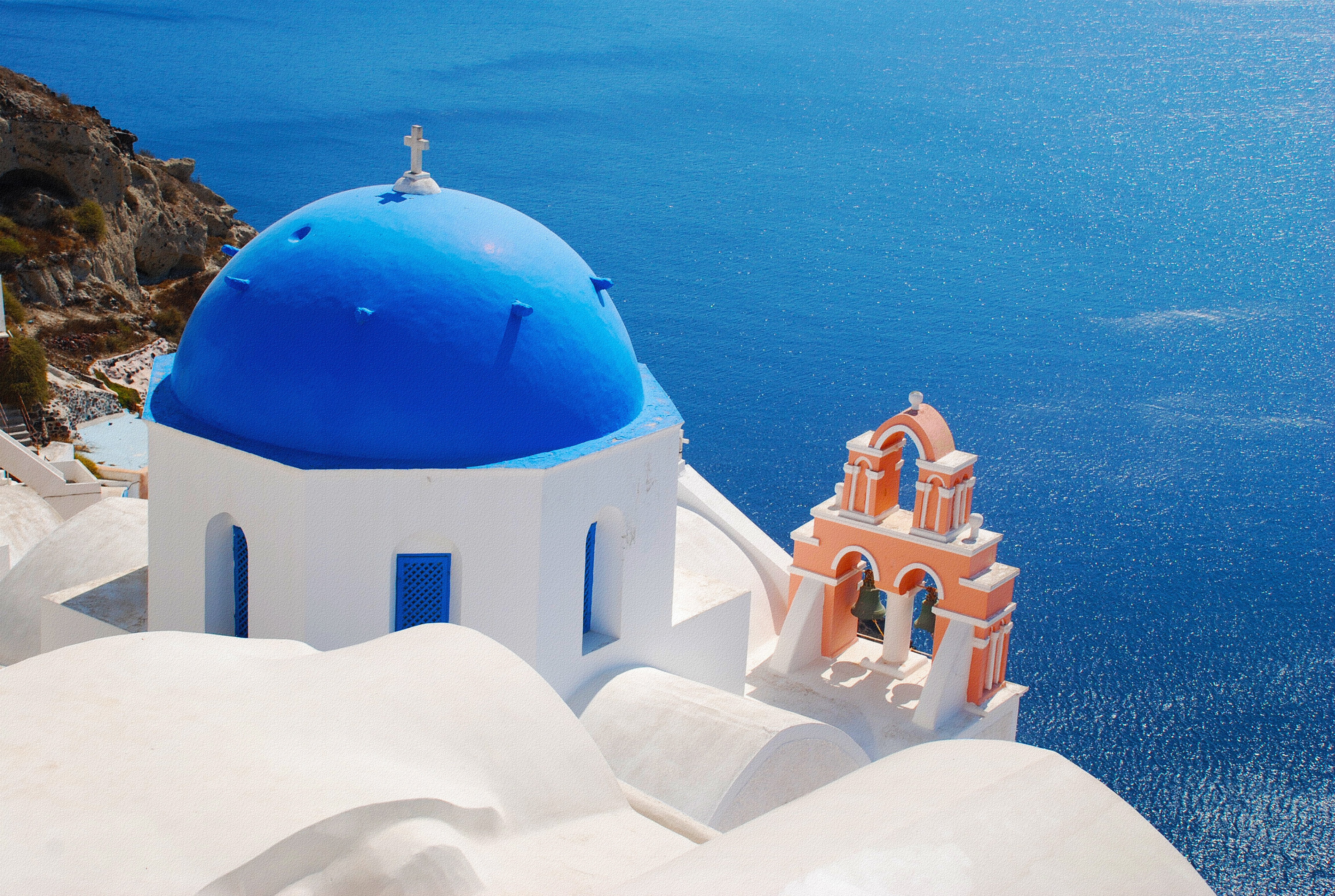 santorini, day, white, mediterranean, religion, sea, travel, outdoors, 4K, tourism, whitewashed, cold temperature, dome, blue, greece, travel destinations, HD Wallpaper