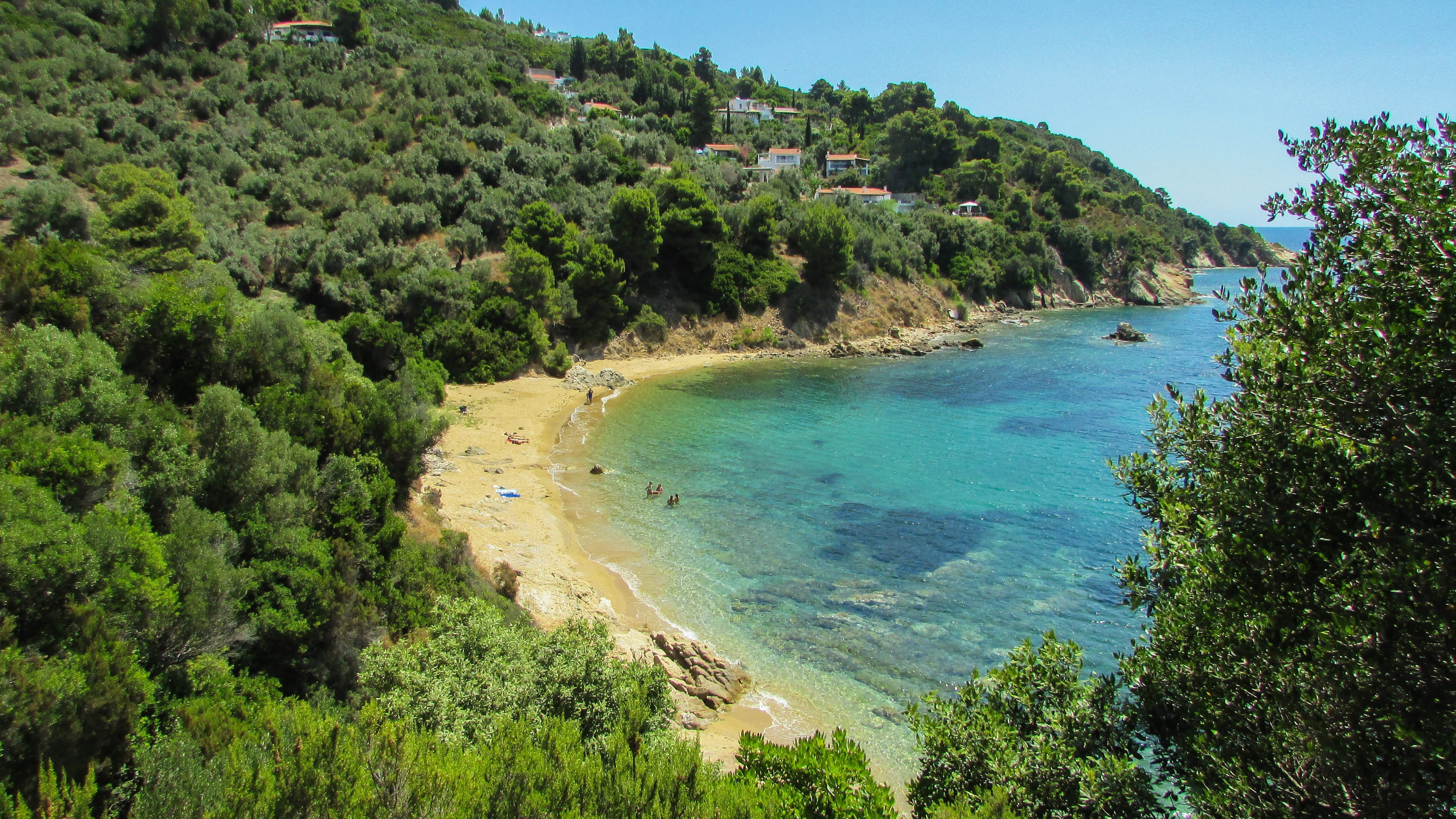 day, tranquil scene, Diamanti, scenic, growth, sporades, greek, summer, tree, mountain, land, nature, 4K, plant, turquoise colored, scenics - nature, island, HD Wallpaper