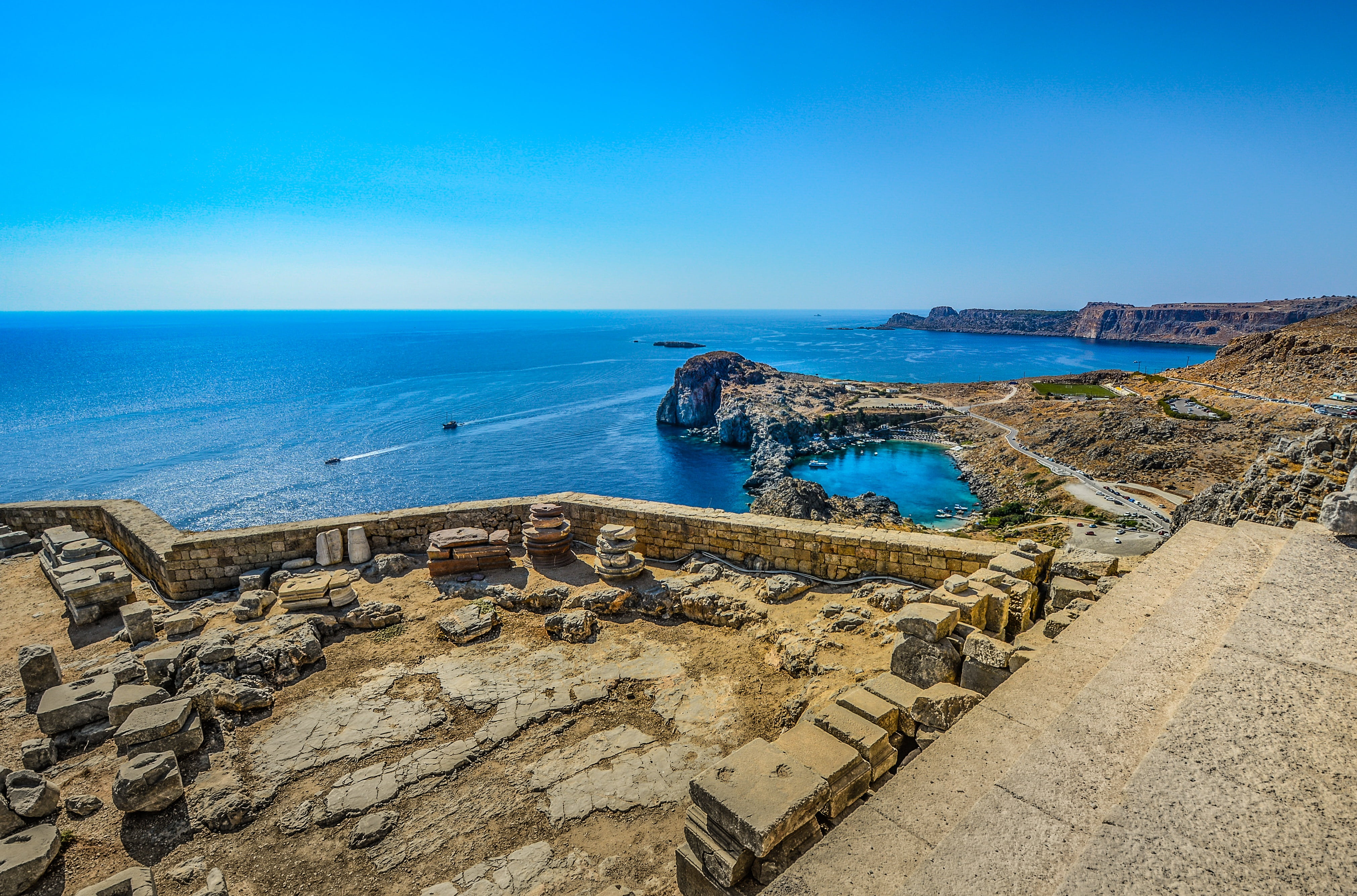 horizon over water, aegean, travel, rock - object, photography, nature, outdoors, greek, ruins, horizon, rock, daytime, aerial, view, lindos, 4K, blue, HD Wallpaper