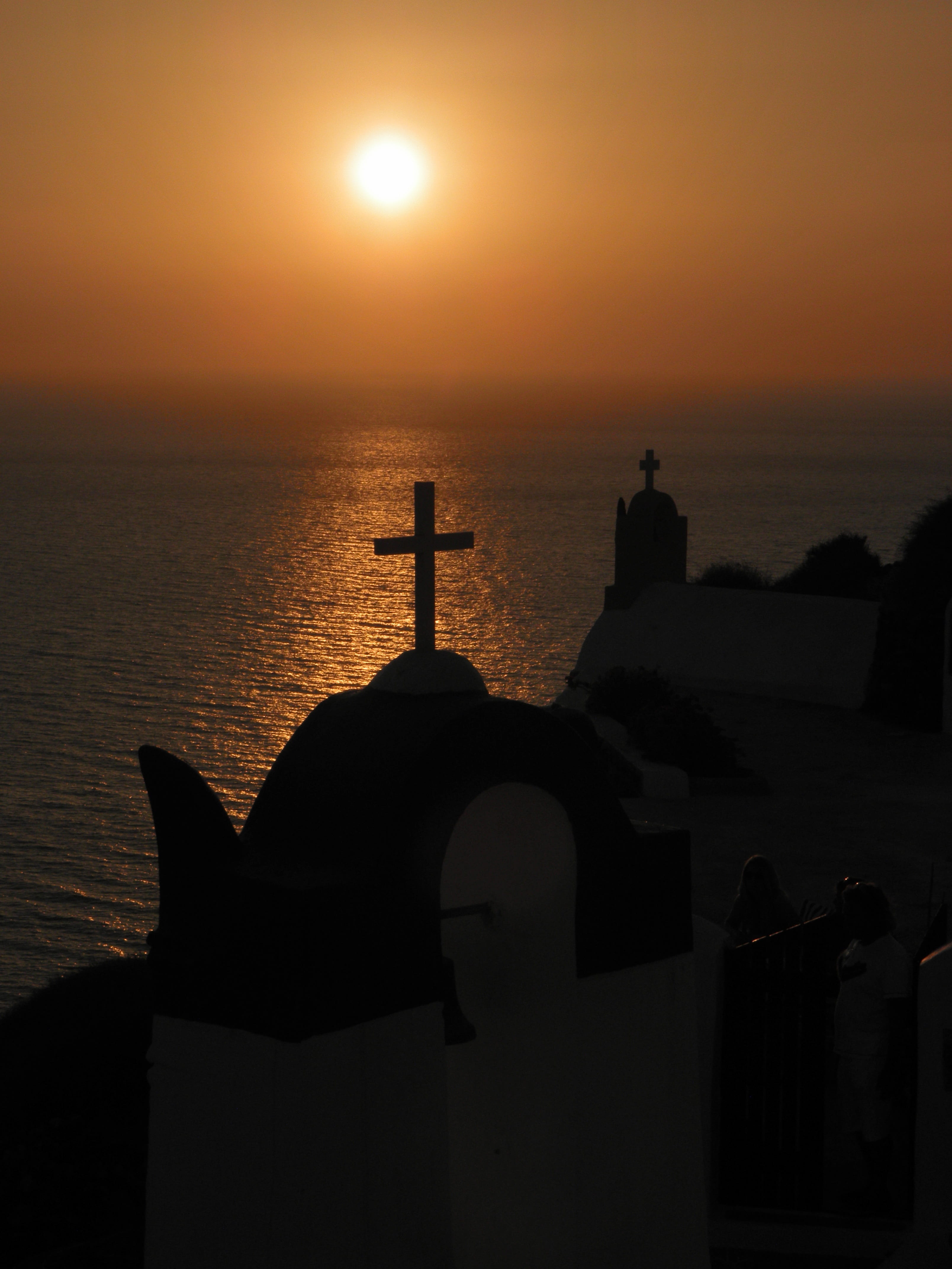 horizon over water, greece, religion, sky, spirituality, oia, water, sunset, no people, church, greek, belief, mediterranean, europe, nature, sea, tranquility, Phone HD Wallpaper