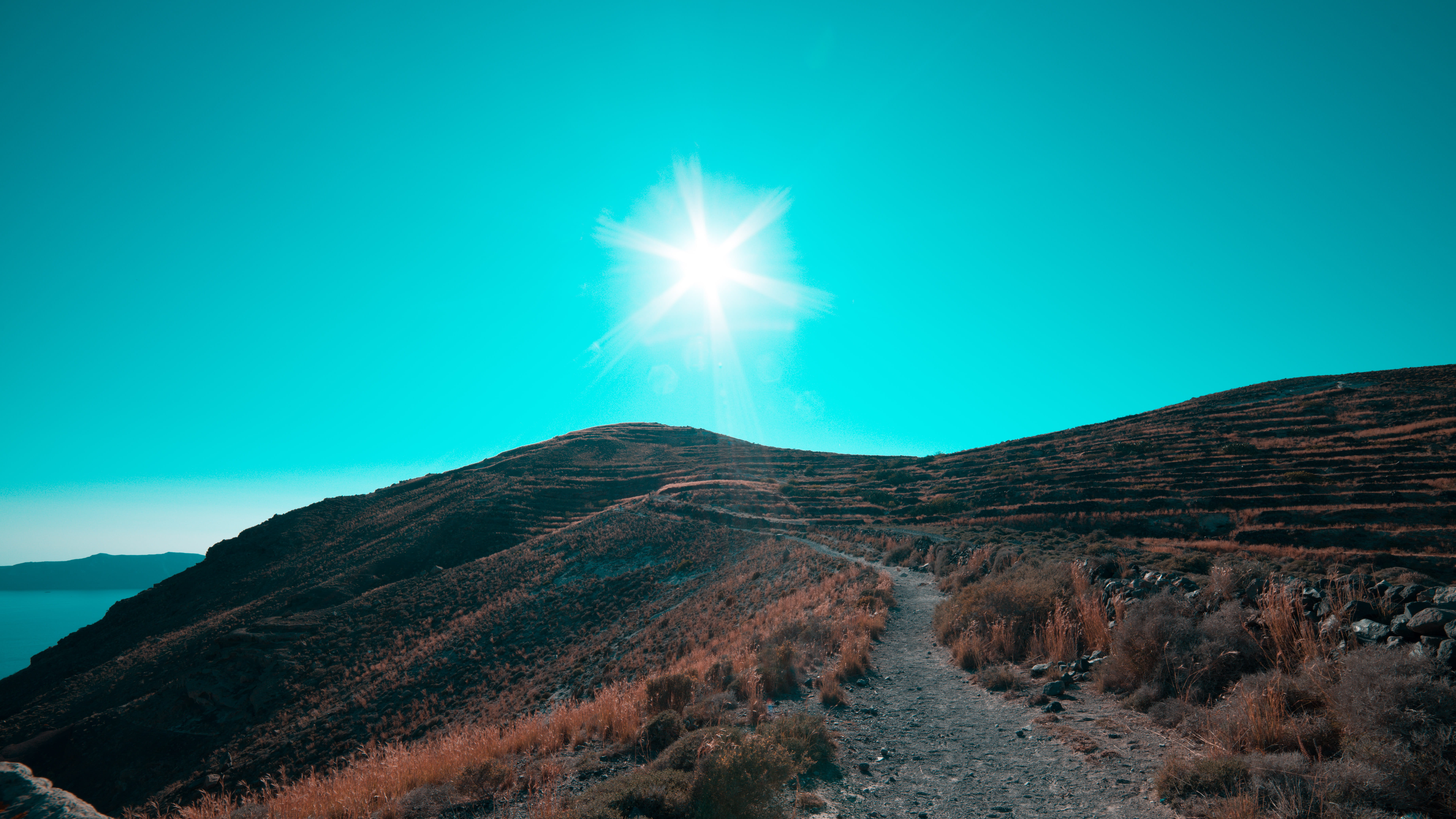 environment, sunlight, clear sky, outdoors, oia, sun, santorini, mountain peak, tranquility, nature, no people, 5K, scenics - nature, nikon, sky, tranquil scene, HD Wallpaper