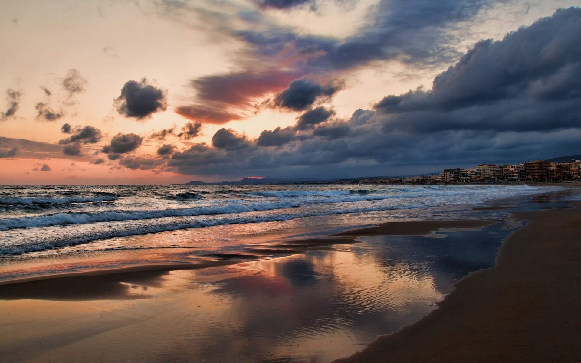 1080P, Sunset, Sky, Evening, Island, Crete, Beach, Clouds, Sea, Greece, Town, HD Wallpaper