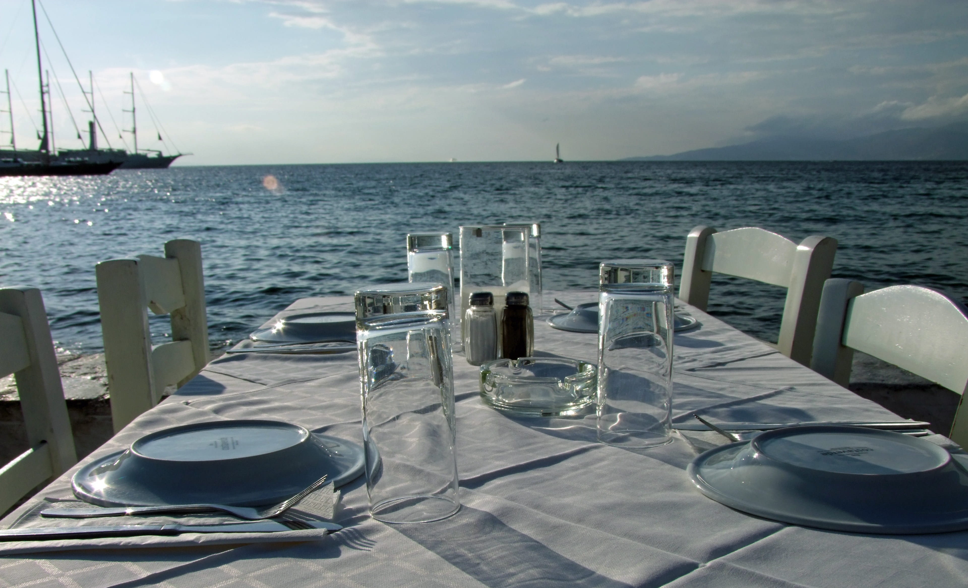 nautical vessel, beauty in nature, household equipment, no people, outdoors, chair, restaurant, greece, tranquil scene, scenics - nature, mykonos, sea, HD Wallpaper