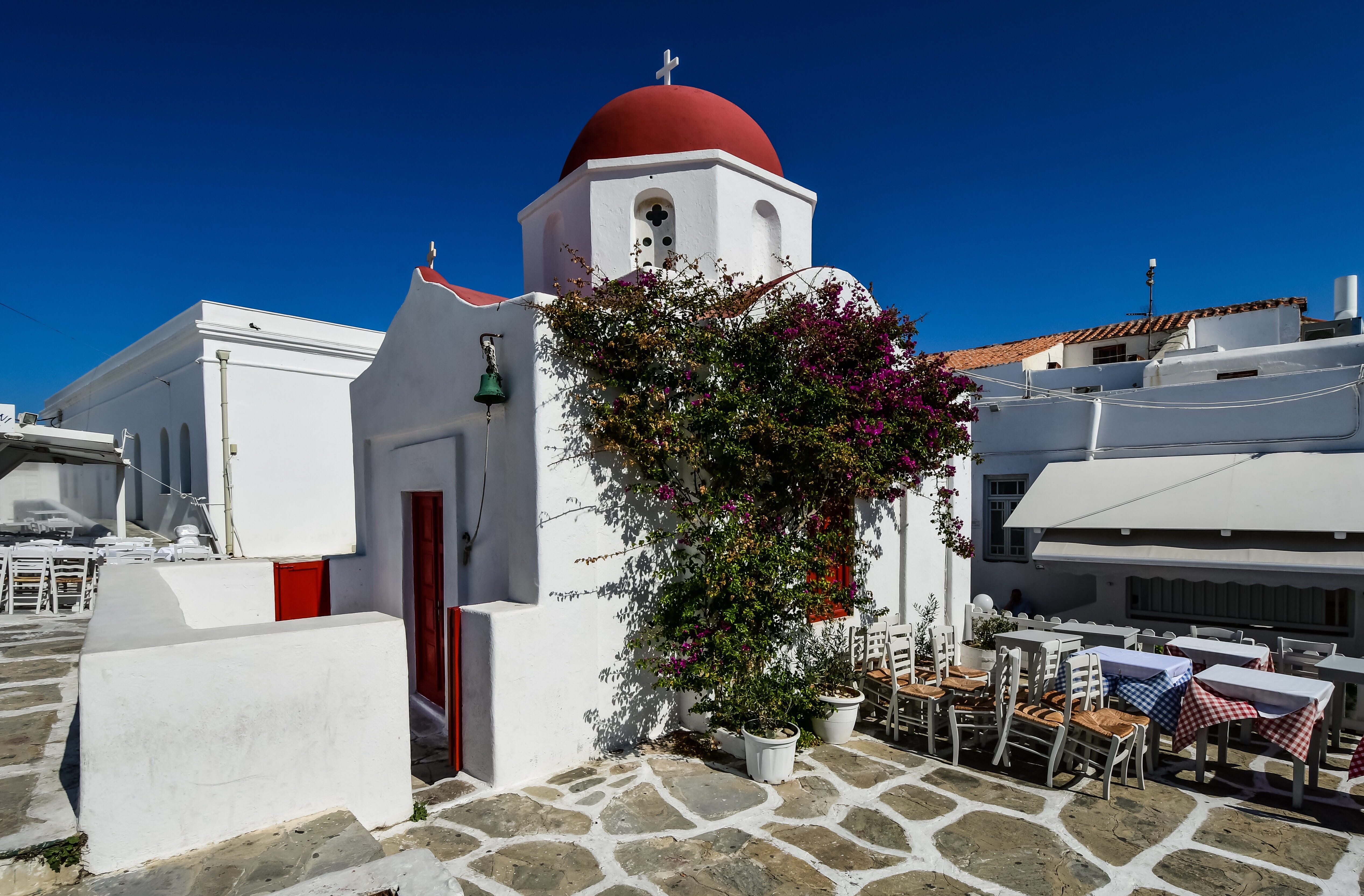 color, spirituality, chapel, church, building exterior, greece, sunlight, architecture, 4K, terrace, whitewashed, day, no people, outdoors, built structure, HD Wallpaper