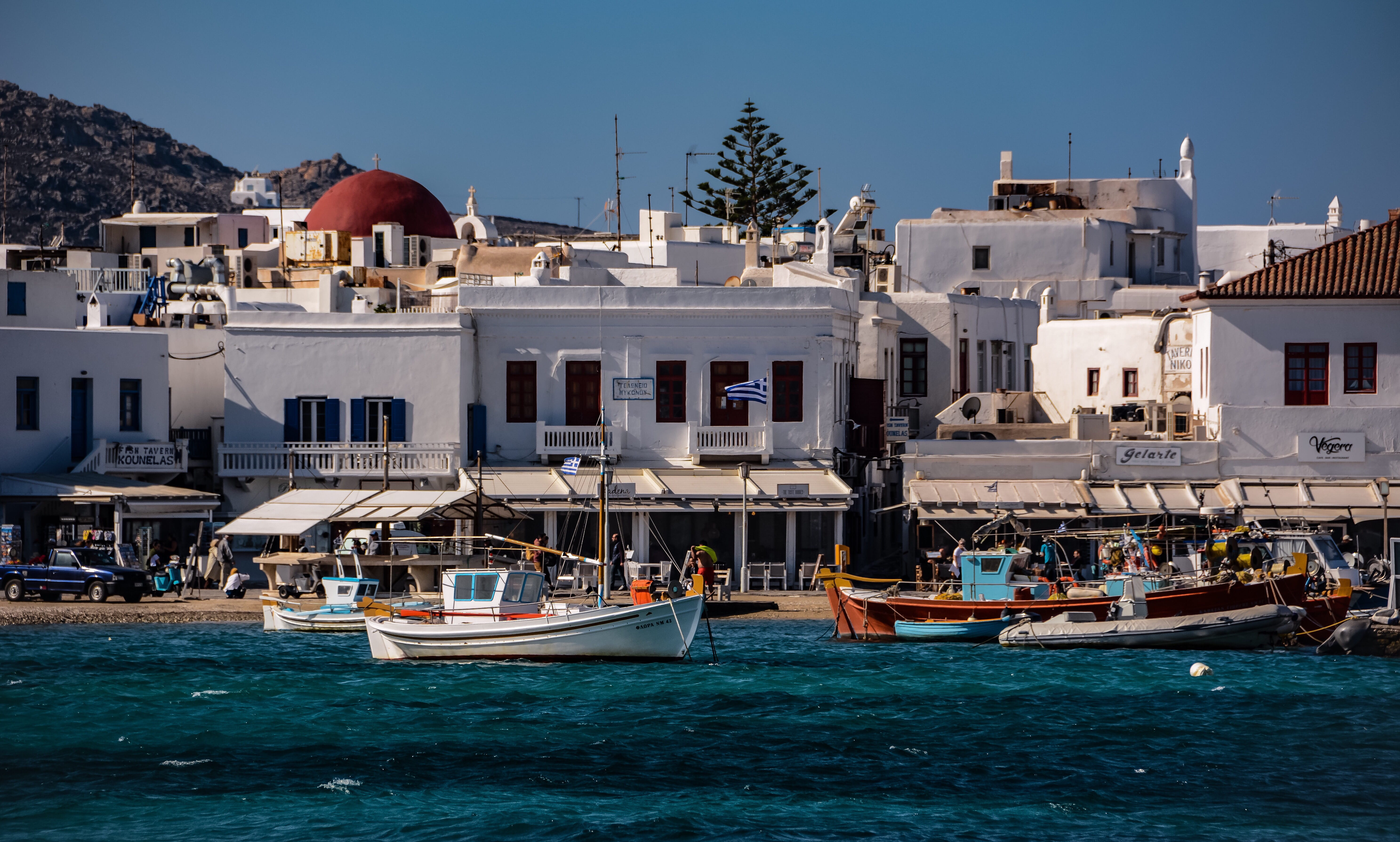 nature, moored, built structure, mediterranean, water, port, mykonos, residential district, day, 5K, luxury, clear sky, wind, transportation, houses, mode of transportation, HD Wallpaper