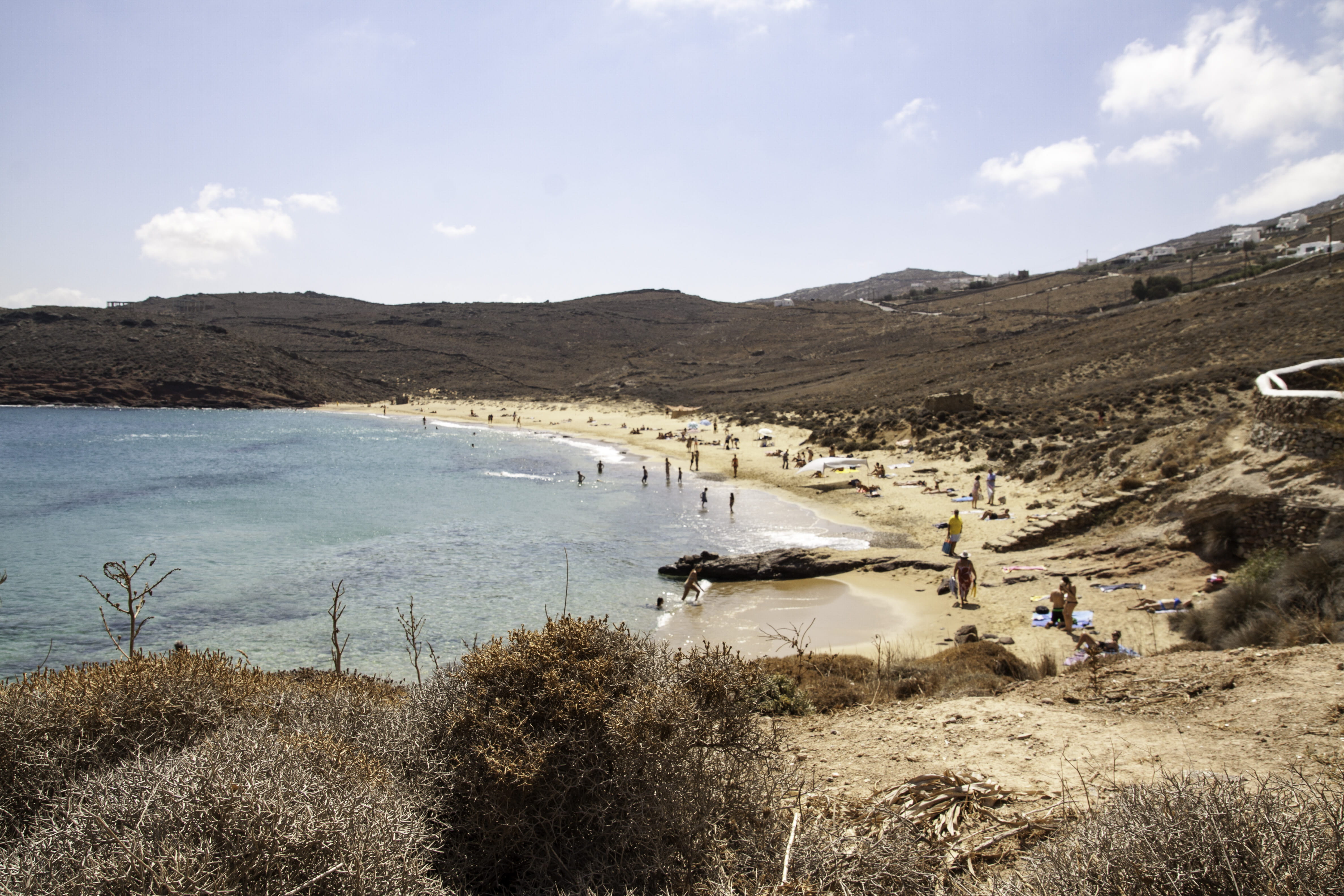non-urban scene, beach, plant, beauty in nature, tranquility, summer, sostis, 4K, mykonos, scenics - nature, greece, day, sea, water, real people, environment, HD Wallpaper