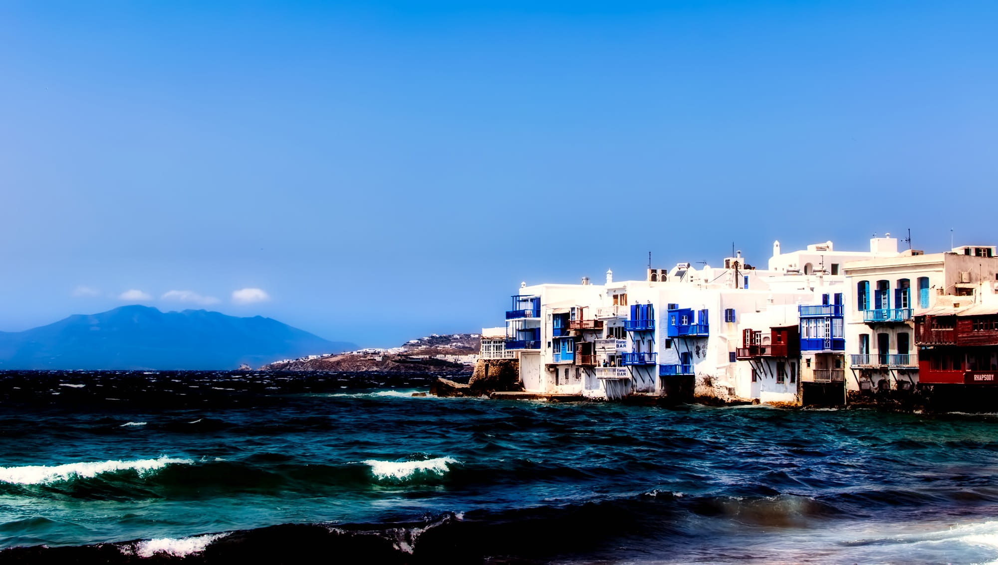 holiday, outdoors, land, panorama, built structure, waterfront, no people, copy space, Tourism, Greece, Mykonos, urban, 1080P, blue, water, Vacation, city, HD Wallpaper