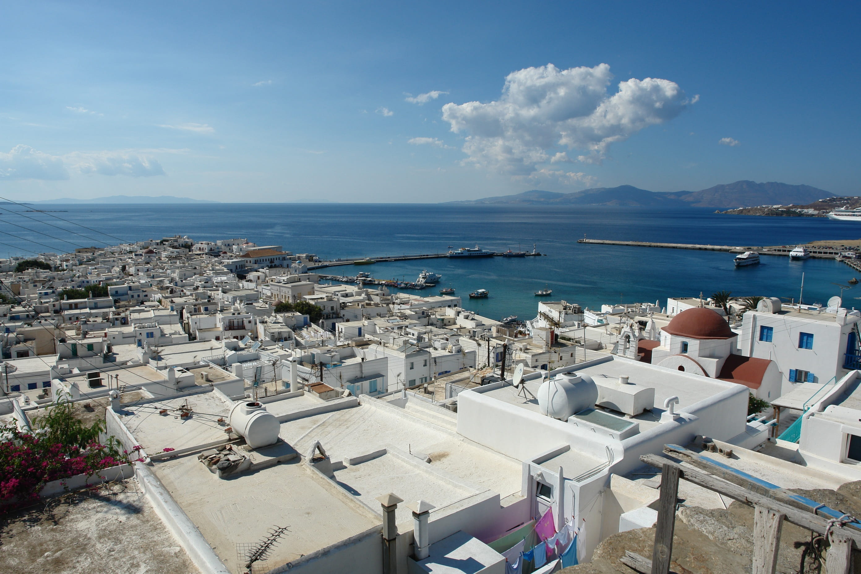 Europe, residential district, horizon over water, Greek, traditional, building, high angle view, bay, white, sky, travel, town, village, landscape, nature, HD Wallpaper