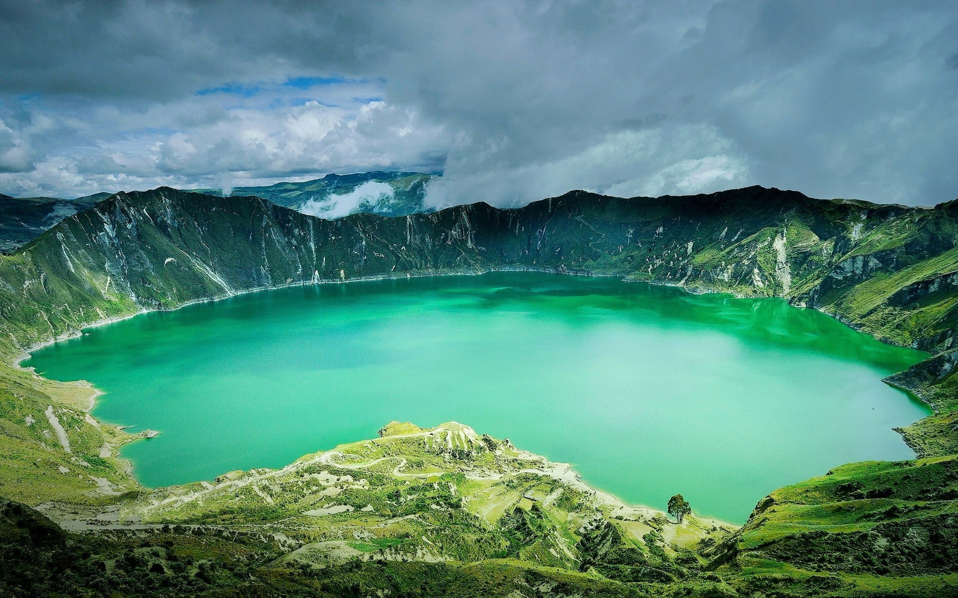 tranquility, power in nature, volcanic crater, tranquil scene, landscape, water, beauty in nature, environment, Ecuador, Green, outdoors, scenics - nature, HD Wallpaper