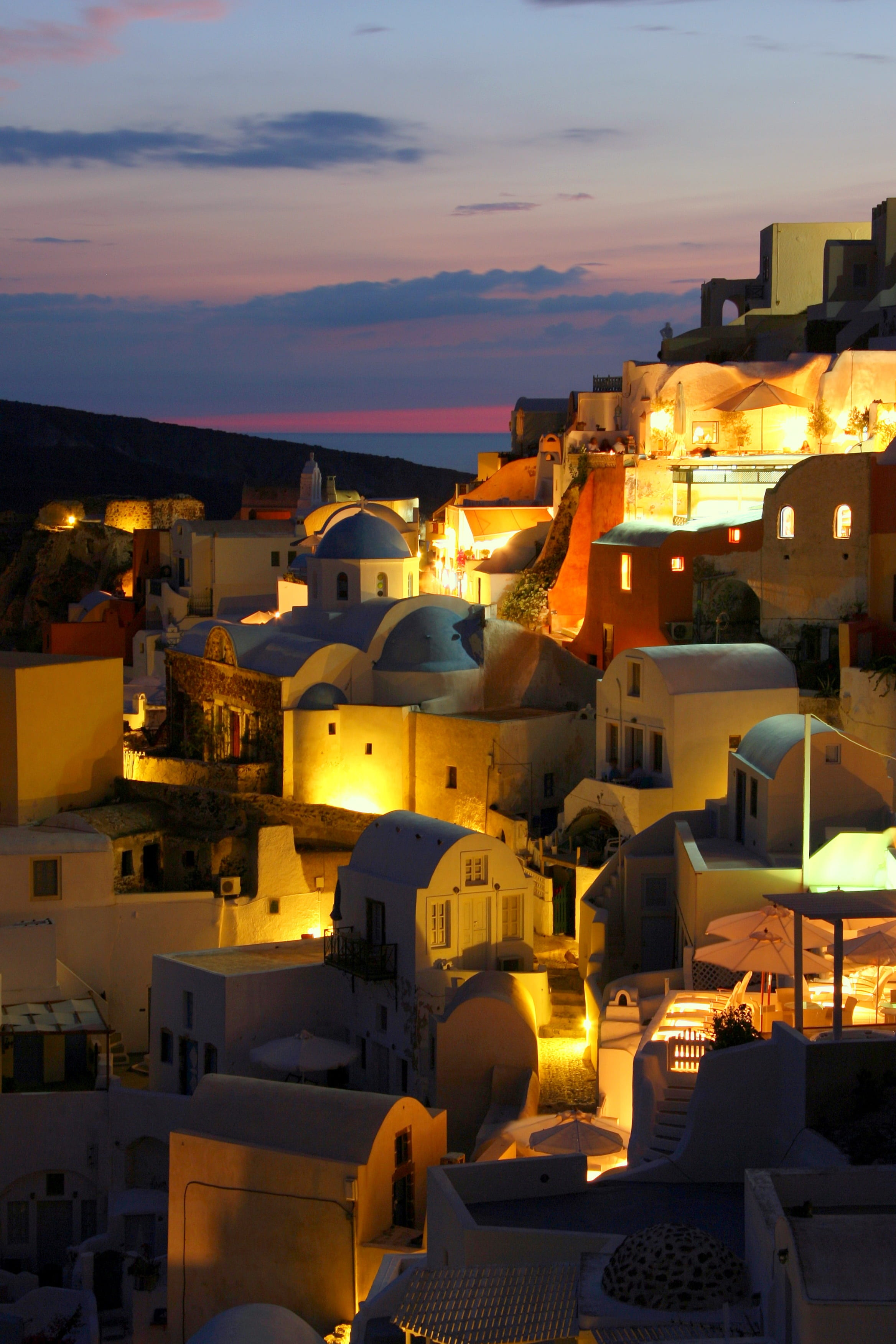 residential district, santori, building, illuminated, greek island, white houses, greece, roof tile, community, volcanic, building exterior, sunset, nature, Phone HD Wallpaper