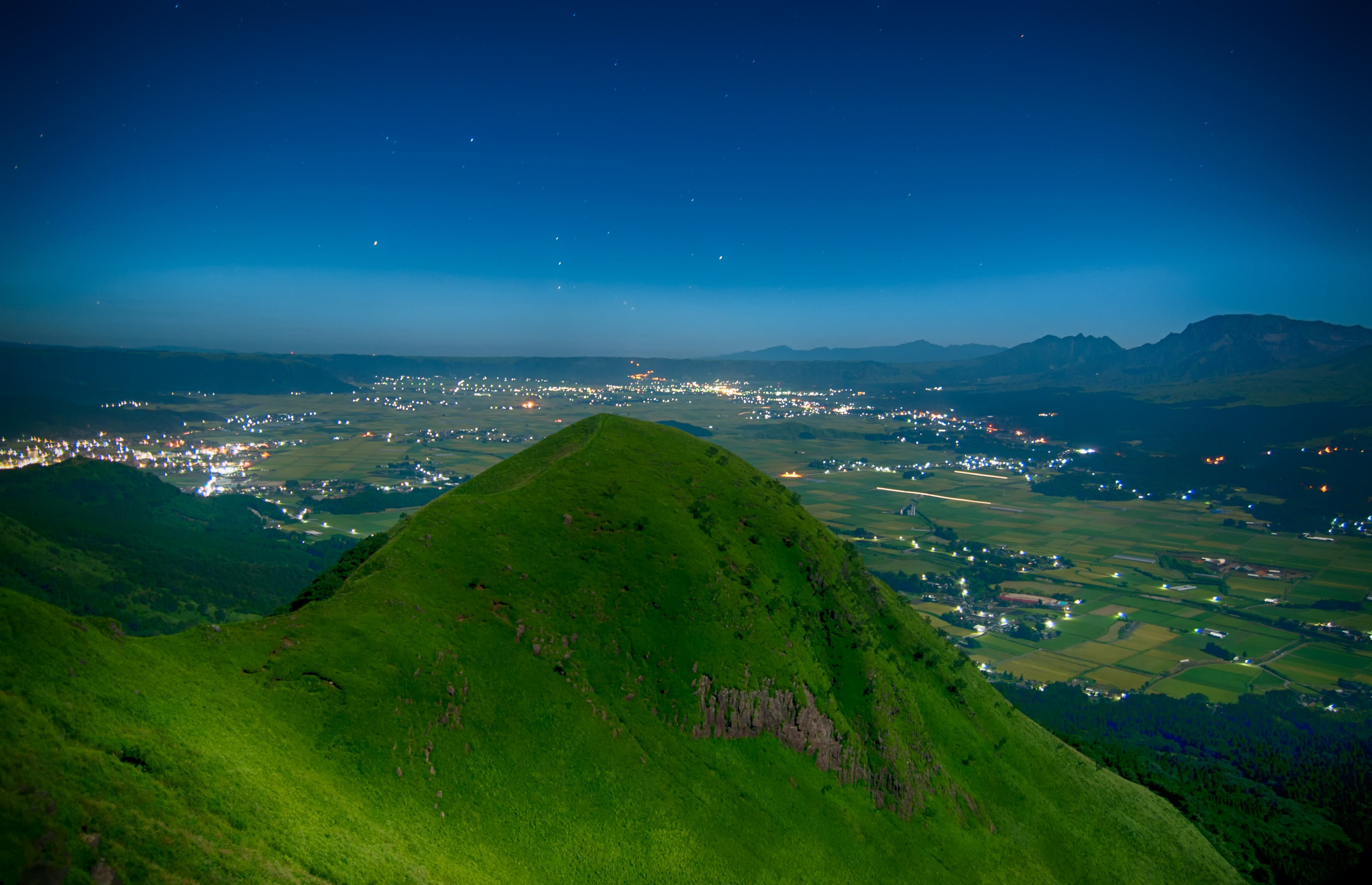land, scenics, nature, green, beauty in nature, star - space, scenics - nature, japan, idyllic, nighttime, outdoors, caldera, sky, kumamoto, mountain range, HD Wallpaper