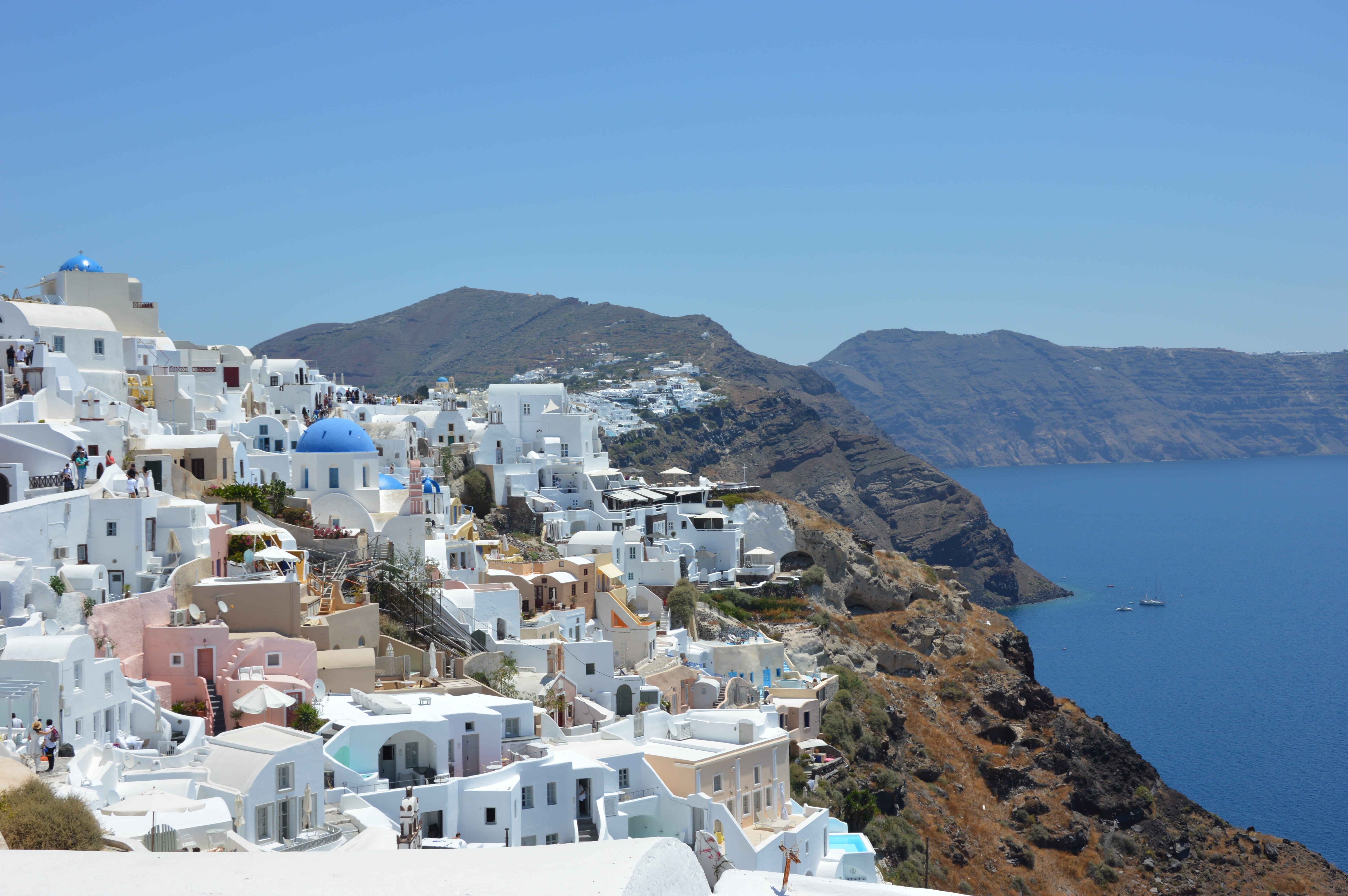 travel Destinations, greece, village, cyclades Islands, land, no people, mountain, nature, aegean Sea, architecture, day, oia, sea, island, clear sky, 5K, HD Wallpaper